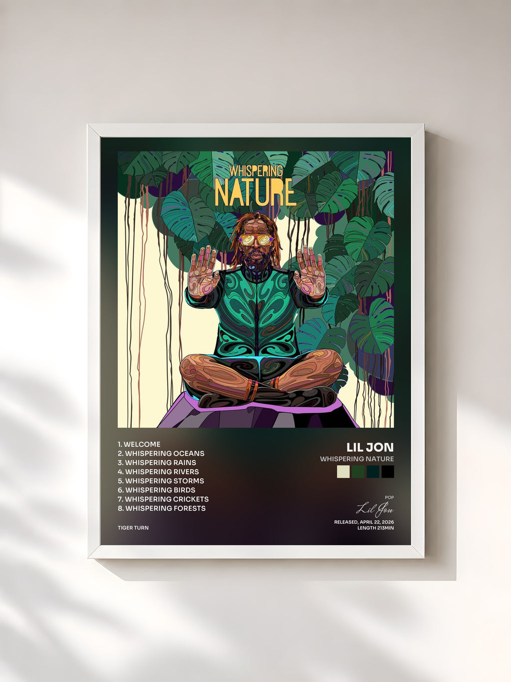 #blanc Tableau de l'album Whispering Nature de Lil Jon, cadre blanc, imprimé et encadré en France