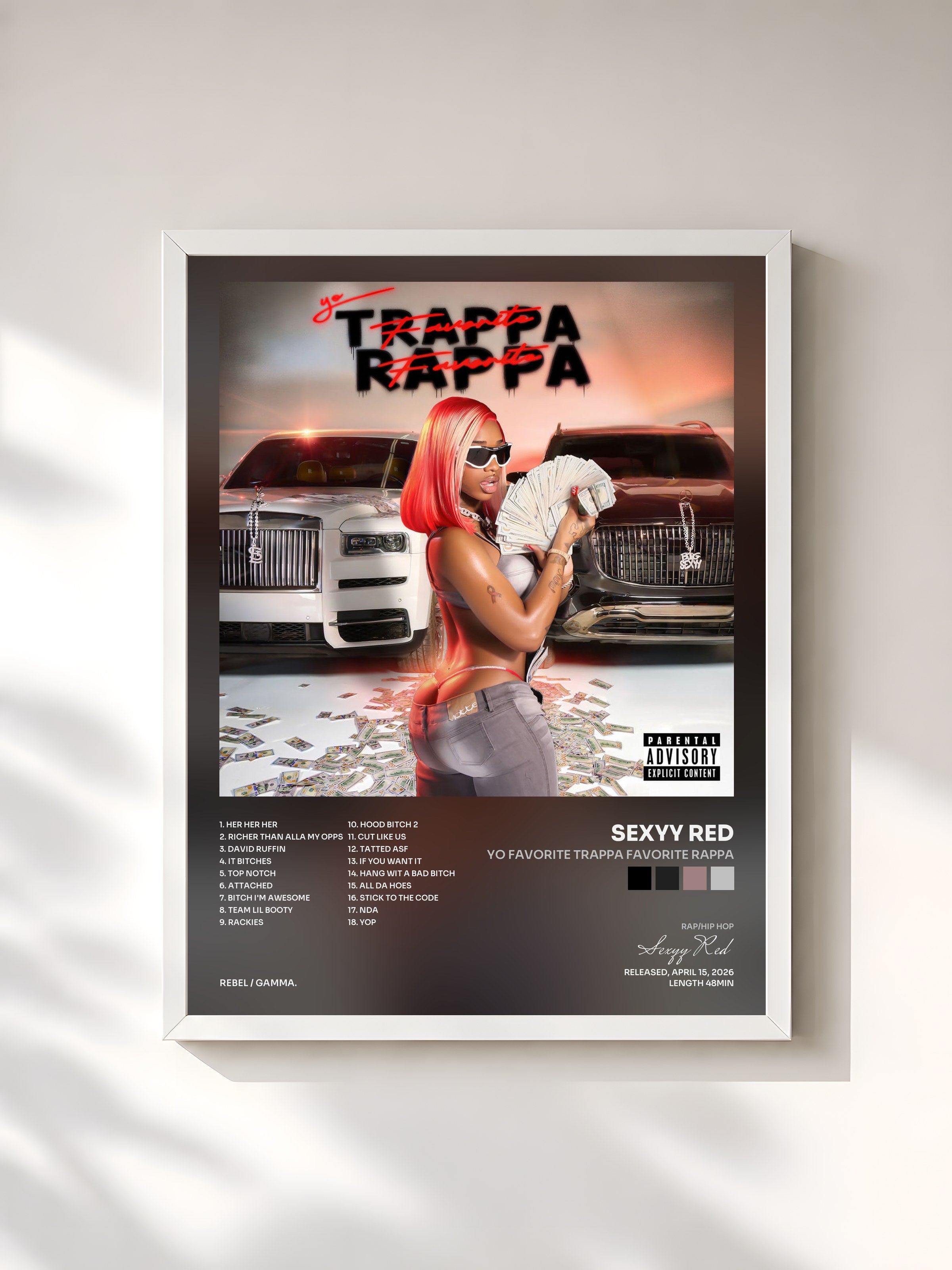 #blanc Tableau de l'album Yo Favorite Trappa Favorite Rappa de Sexyy Red, cadre blanc, imprimé et encadré en France