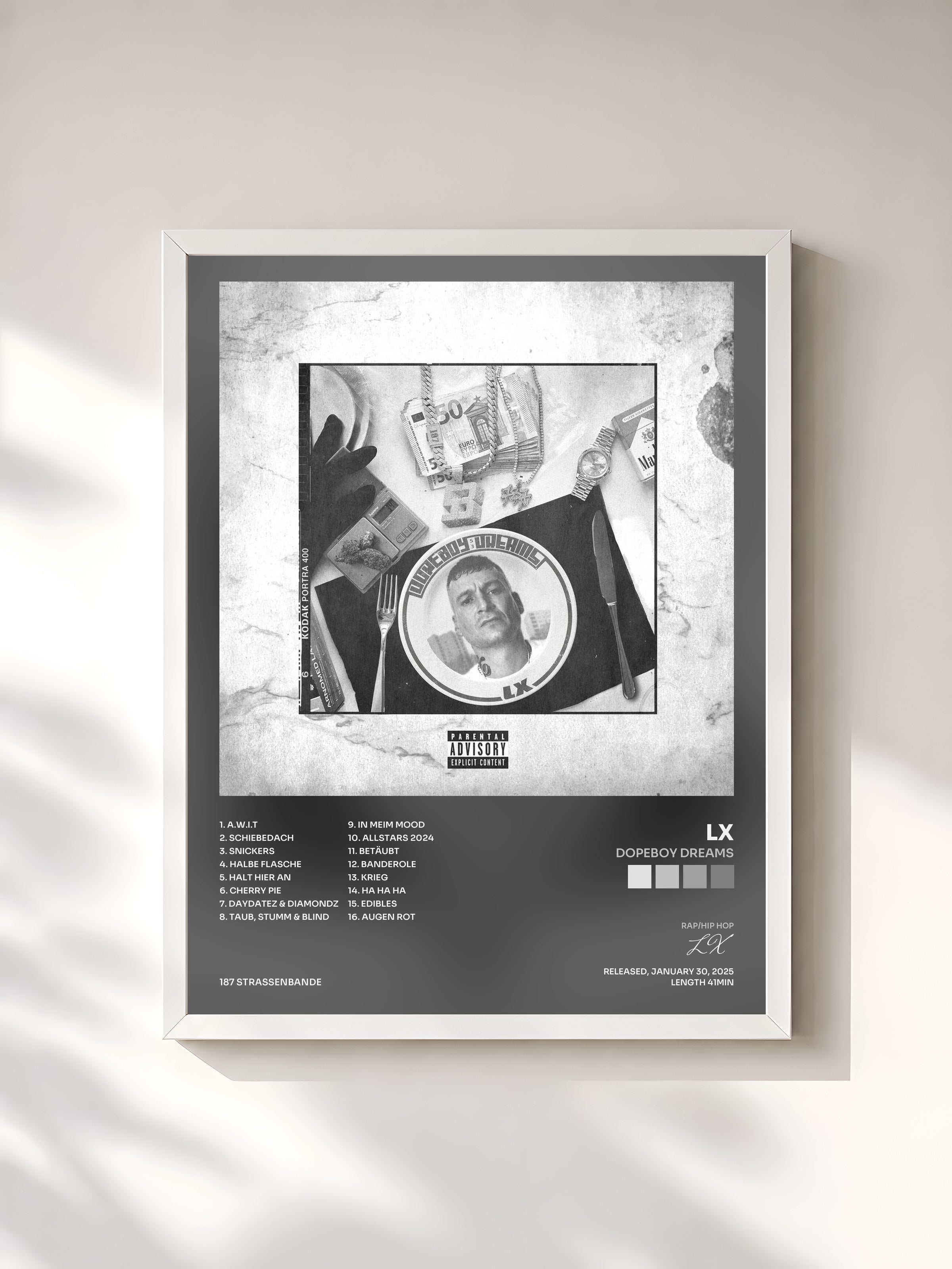 #blanc Tableau de l'album DOPEBOY DREAMS de LX, cadre blanc, imprimé et encadré en France