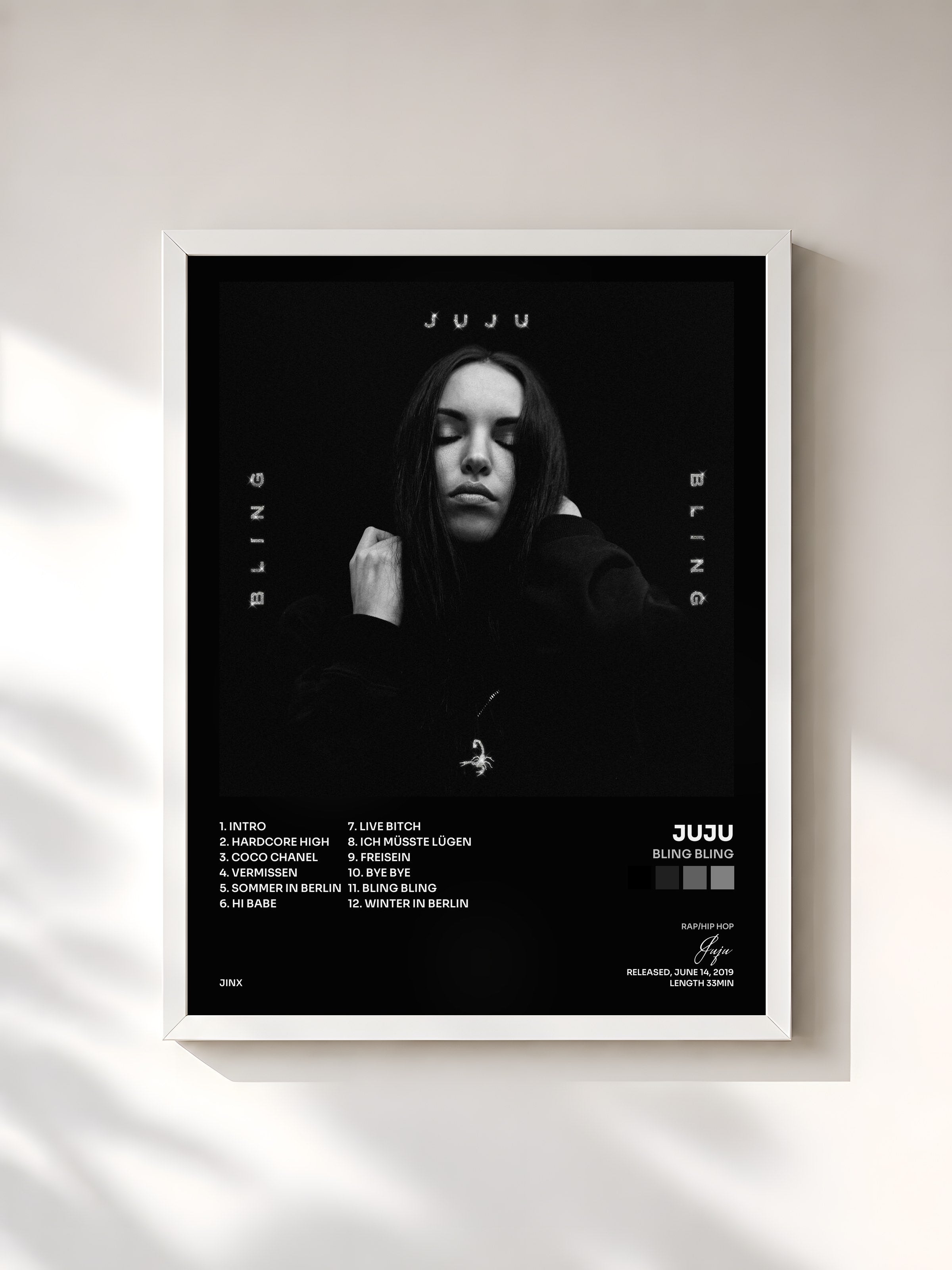 #blanc Tableau de l'album Bling Bling de Juju, cadre blanc, imprimé et encadré en France