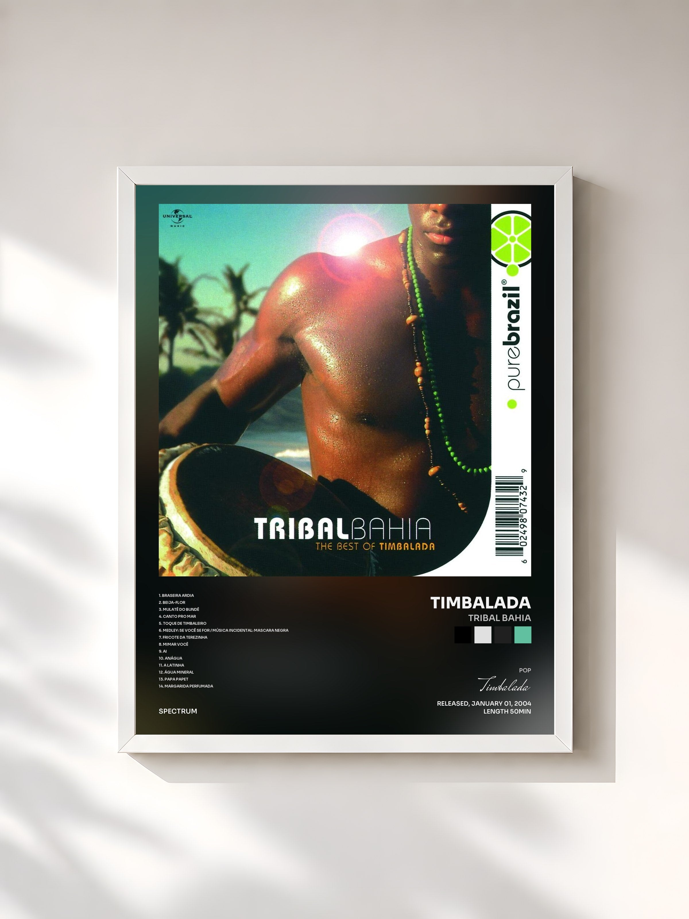 #blanc Tableau de l'album Tribal Bahia de Timbalada, cadre blanc, imprimé et encadré en France
