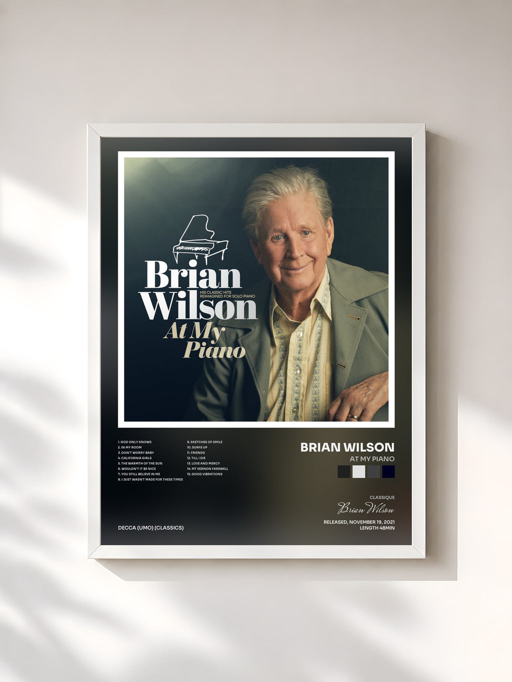 #blanc Tableau de l'album At My Piano de Brian Wilson, cadre blanc, imprimé et encadré en France