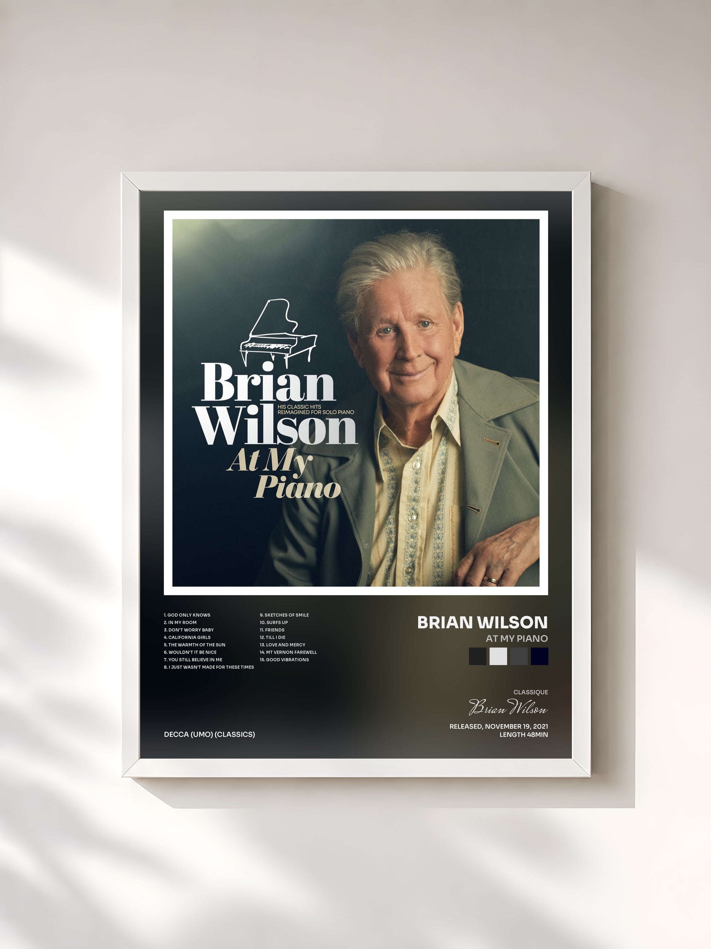 #blanc Tableau de l'album At My Piano de Brian Wilson, cadre blanc, imprimé et encadré en France