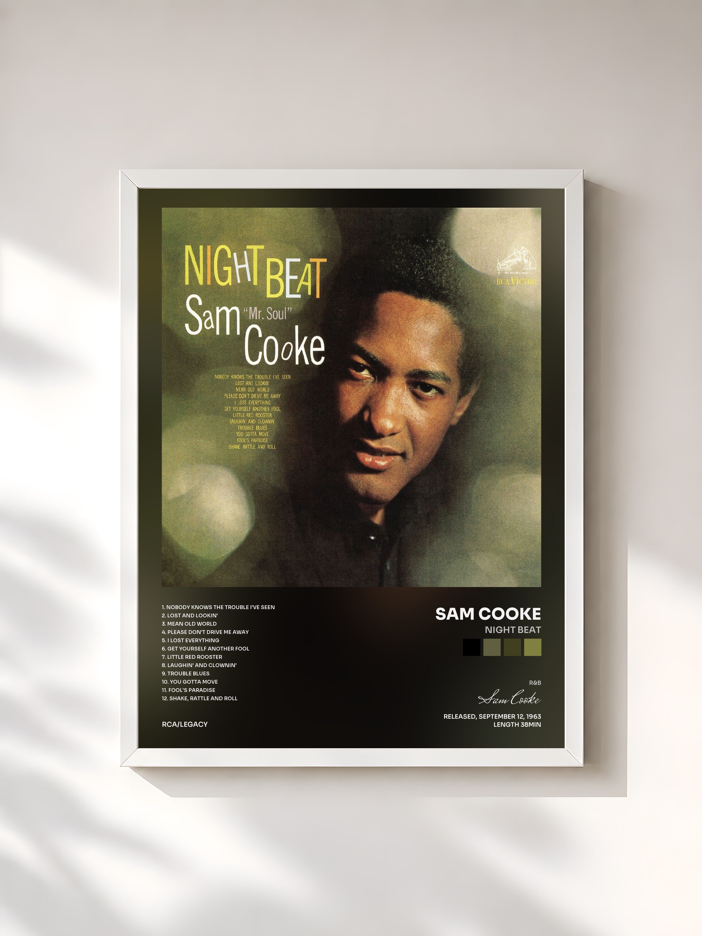 #blanc Tableau de l'album Night Beat de Sam Cooke, cadre blanc, imprimé et encadré en France