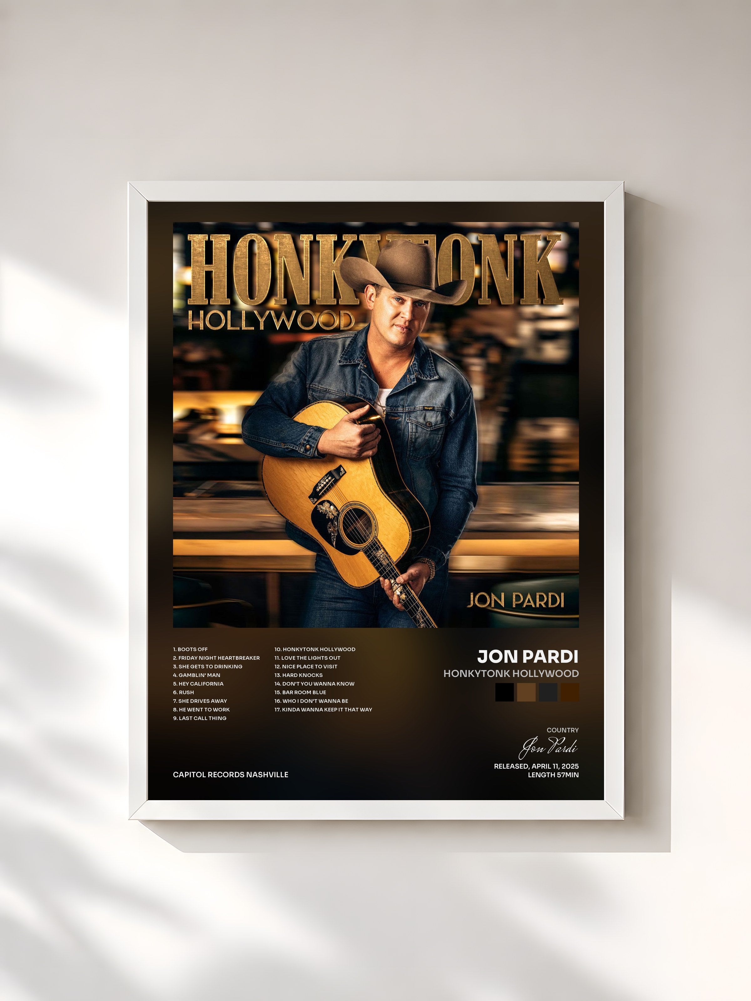 #blanc Tableau de l'album Honkytonk Hollywood de Jon Pardi, cadre blanc, imprimé et encadré en France