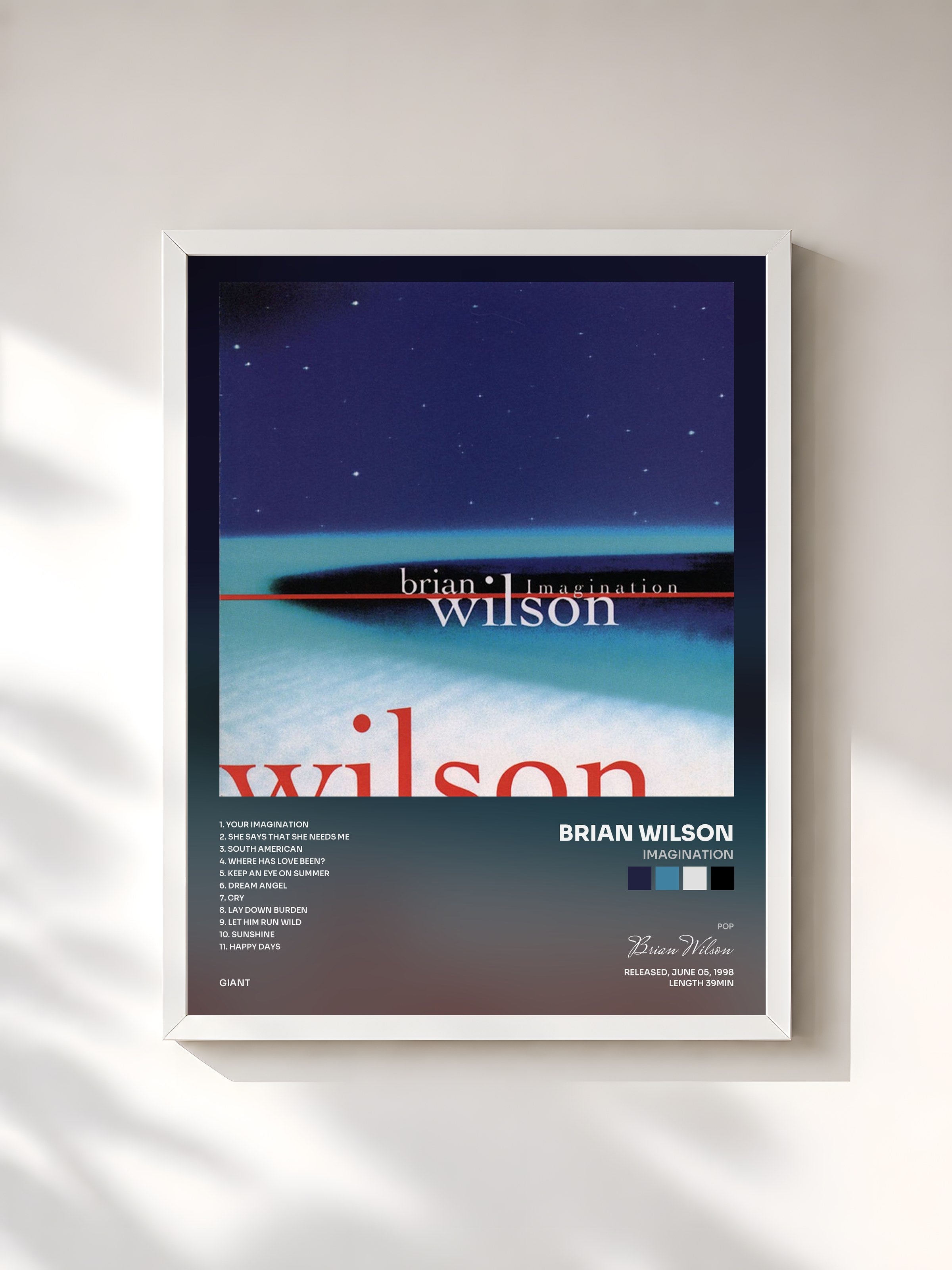 #blanc Tableau de l'album Imagination de Brian Wilson, cadre blanc, imprimé et encadré en France