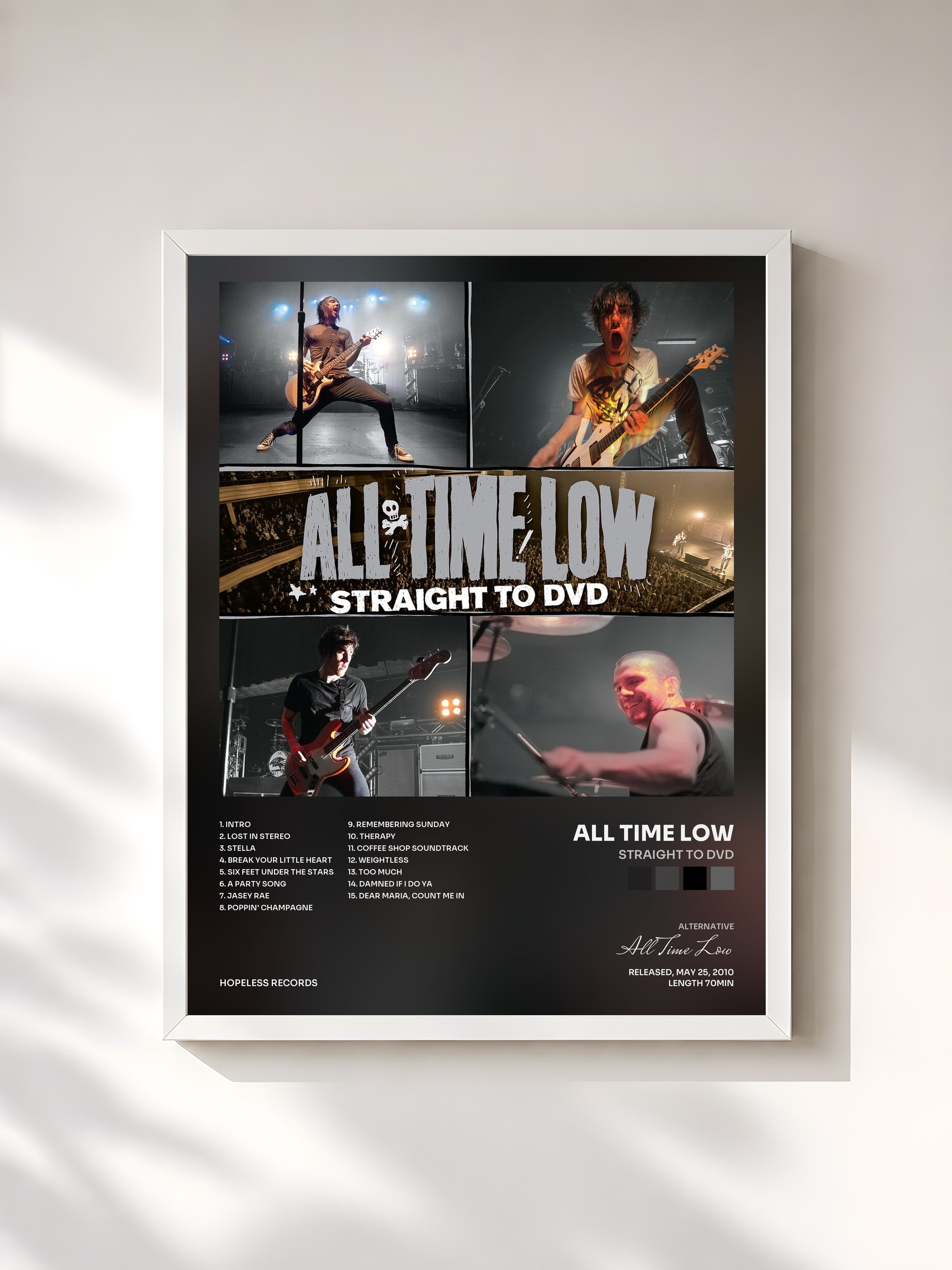 #blanc Tableau de l'album Straight To DVD de All Time Low, cadre blanc, imprimé et encadré en France