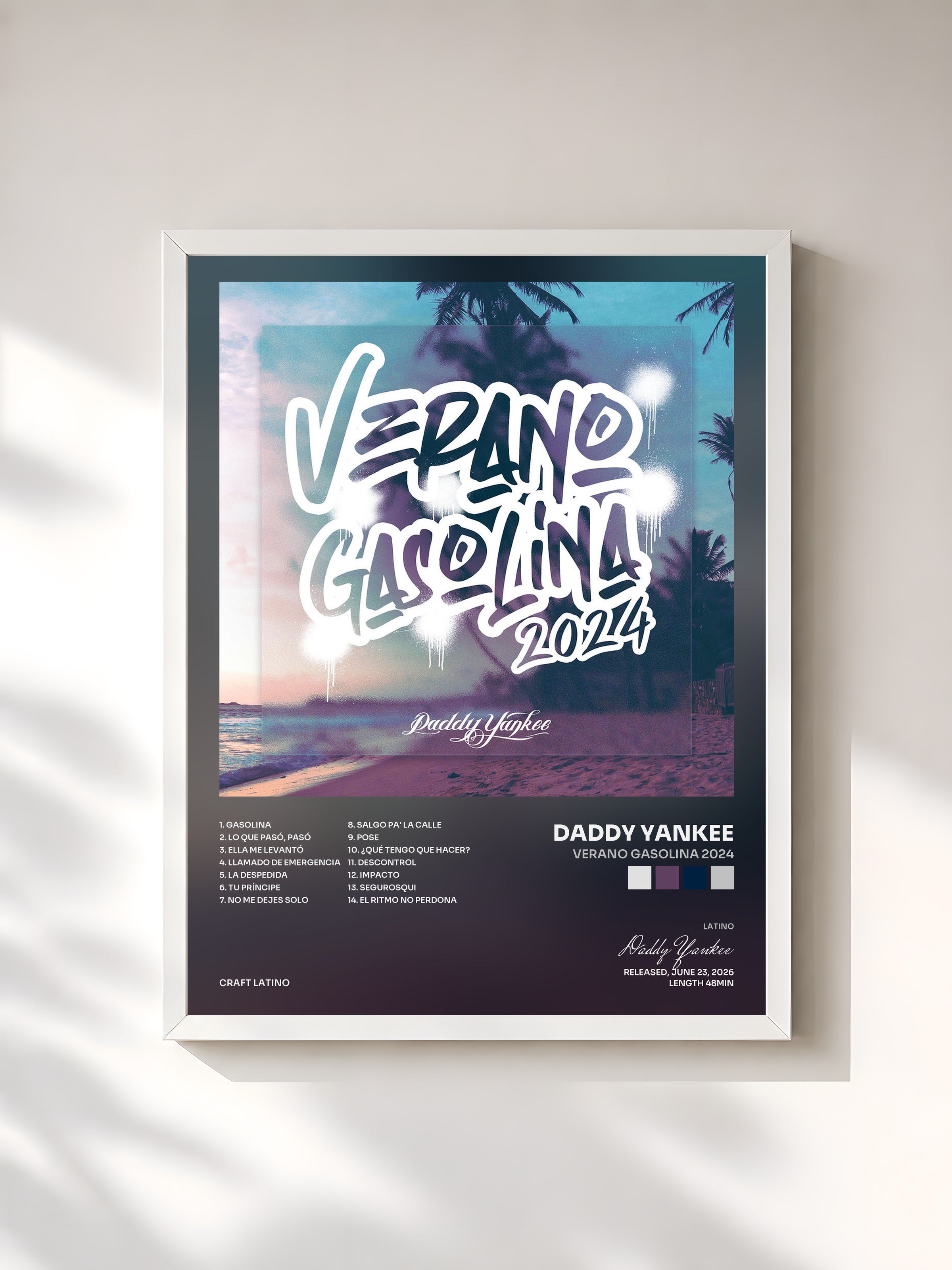 #blanc Tableau de l'album VERANO GASOLINA 2024 de Daddy Yankee, cadre blanc, imprimé et encadré en France