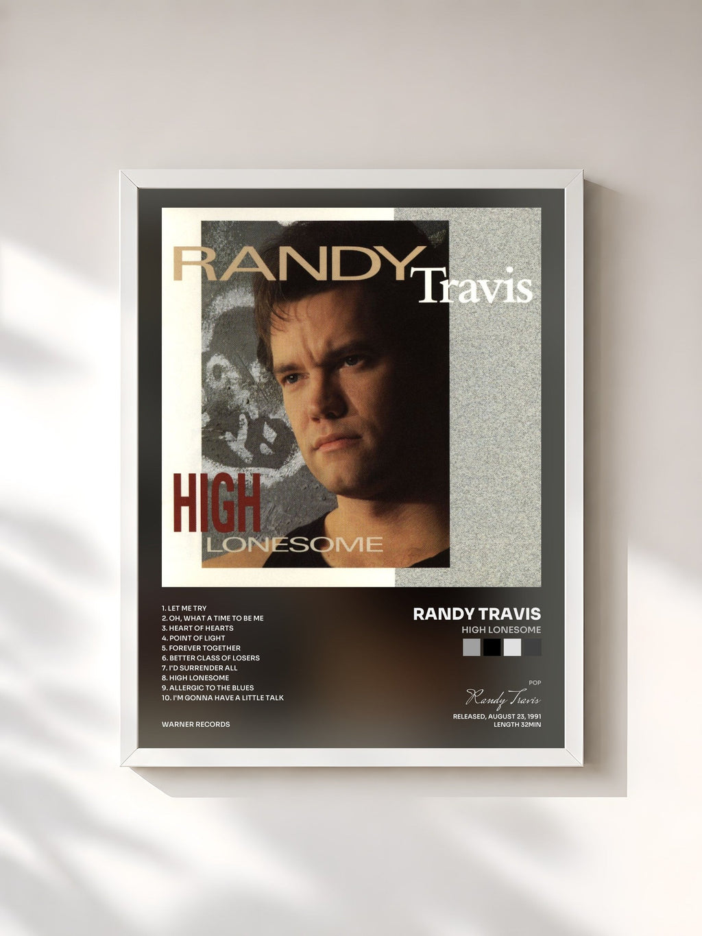 #blanc High Lonesome de Randy Travis en lámina enmarcada, marco blanco, impresa y enmarcada en Francia