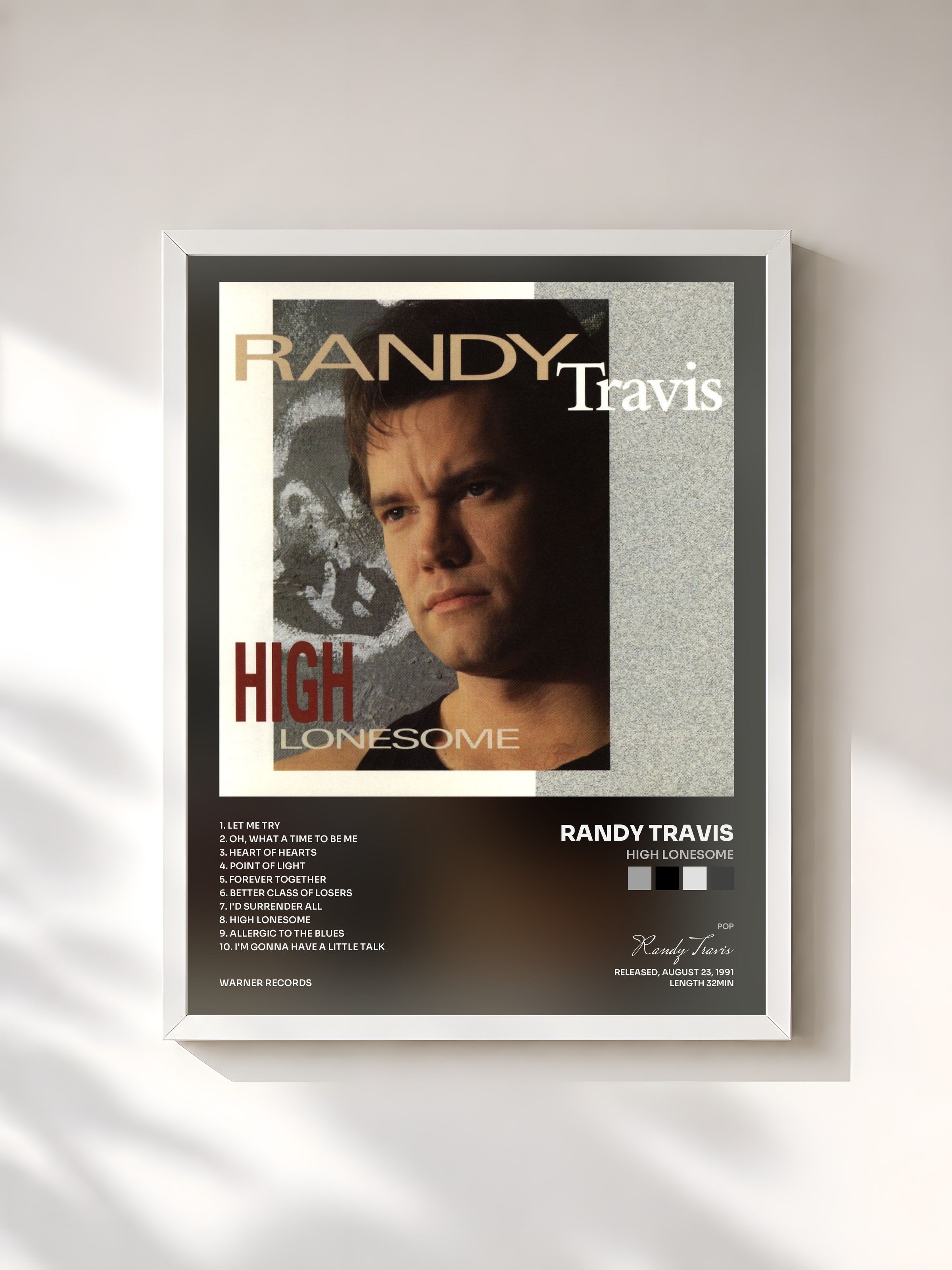 #blanc Tableau de l'album High Lonesome de Randy Travis, cadre blanc, imprimé et encadré en France