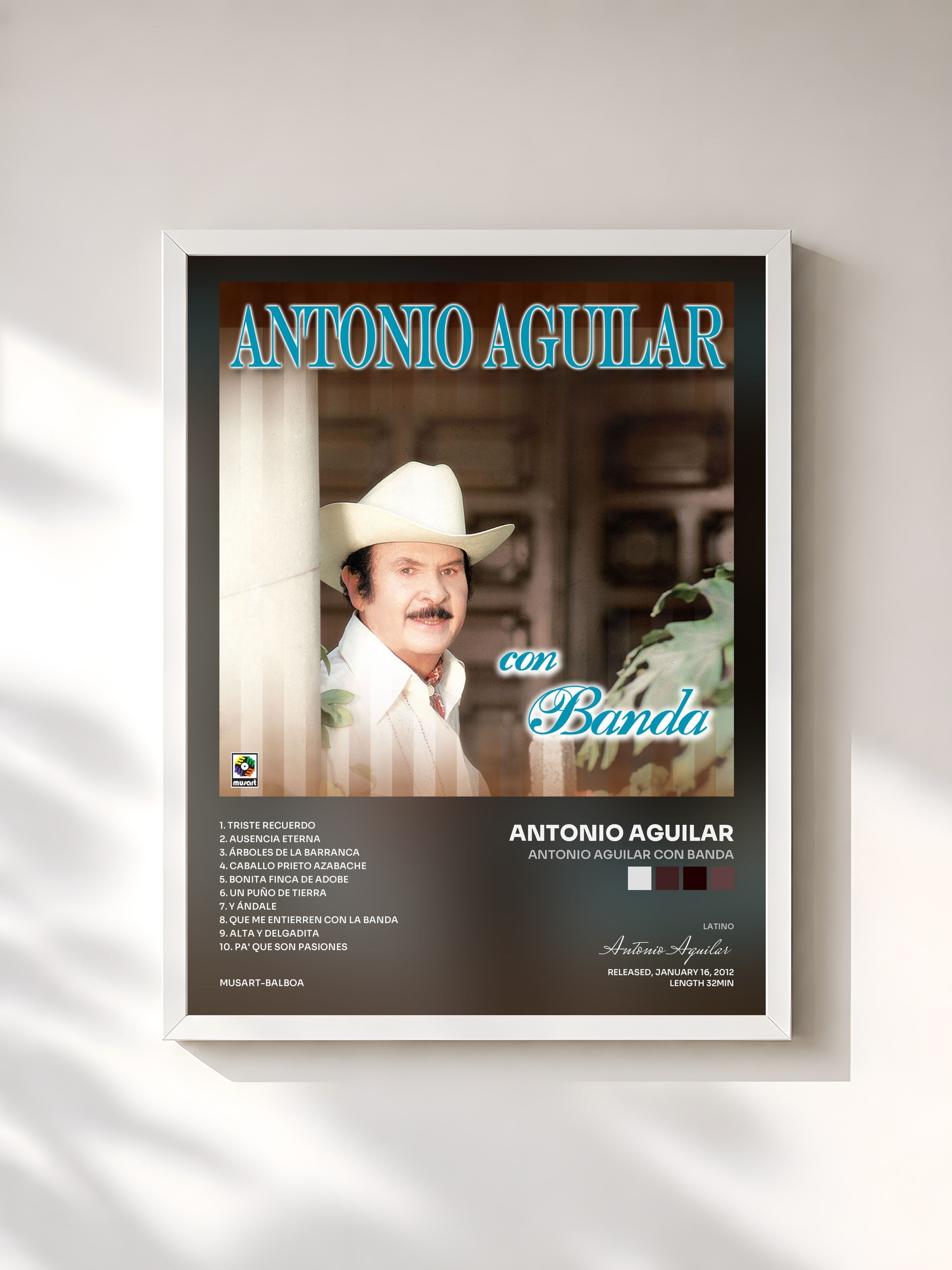 #blanc Tableau de l'album Antonio Aguilar Con Banda de Antonio Aguilar, cadre blanc, imprimé et encadré en France