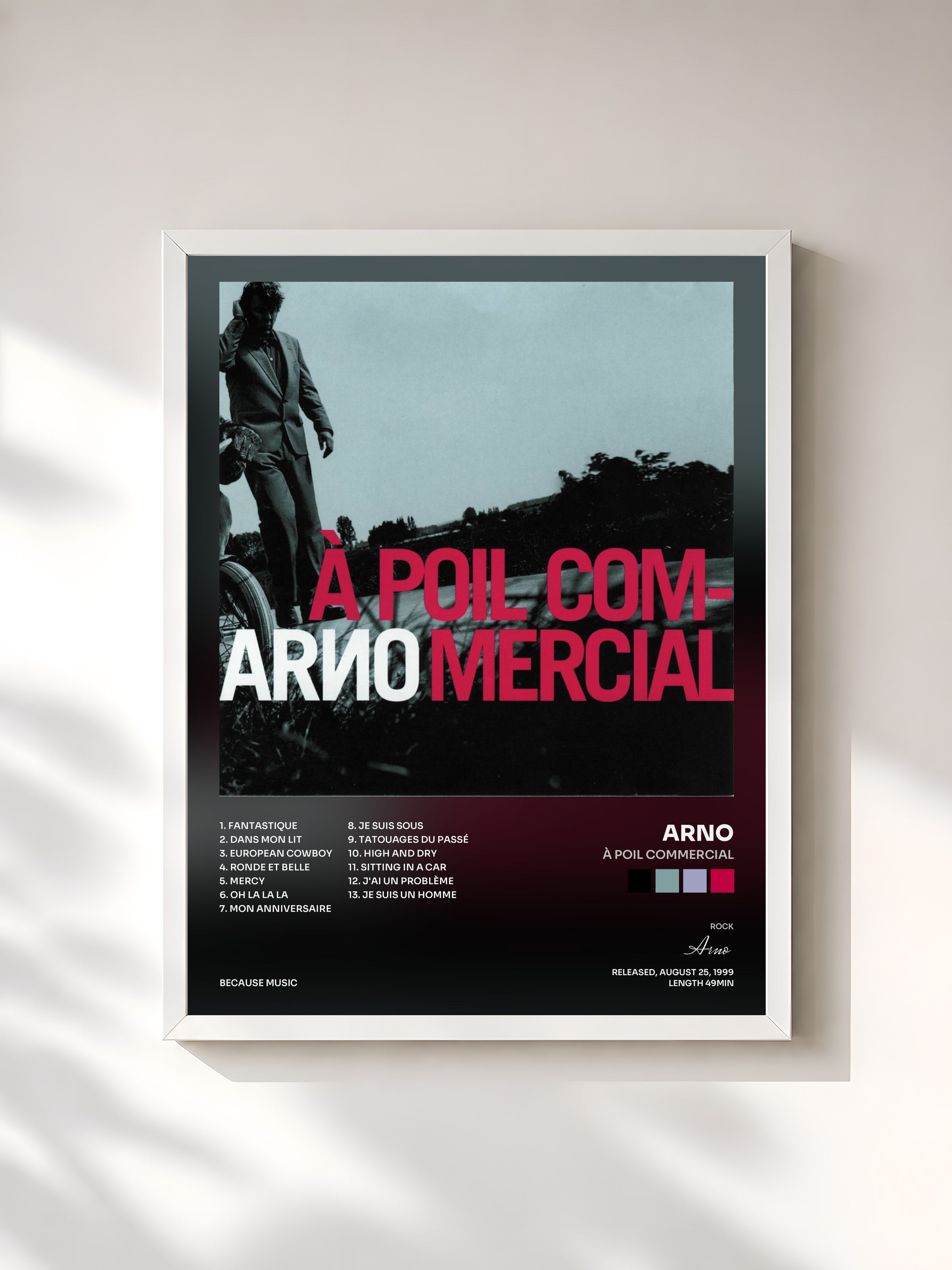 #blanc Tableau de l'album À poil commercial de Arno, cadre blanc, imprimé et encadré en France
