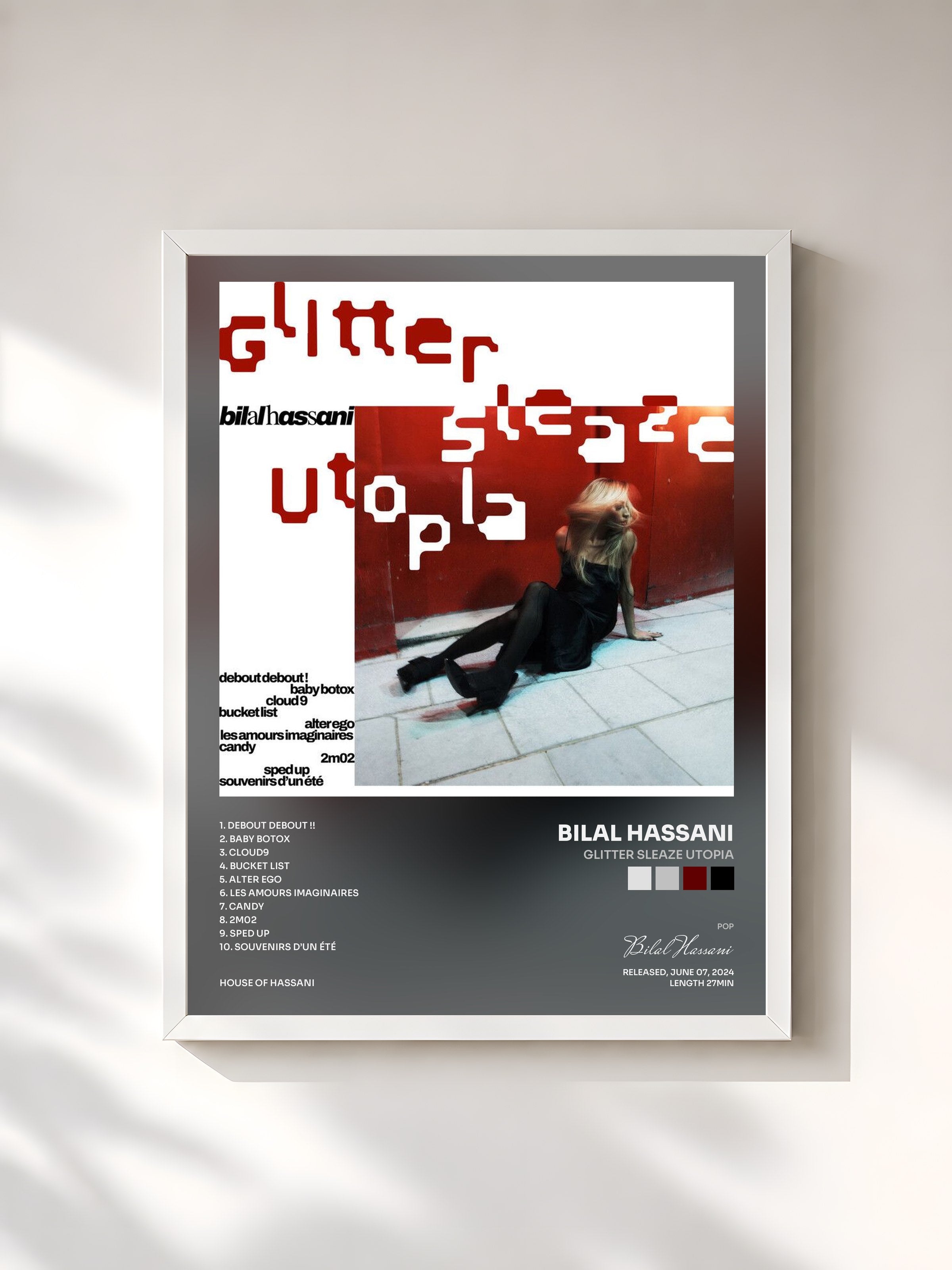 #blanc Tableau de l'album Glitter Sleaze Utopia de Bilal Hassani, cadre blanc, imprimé et encadré en France