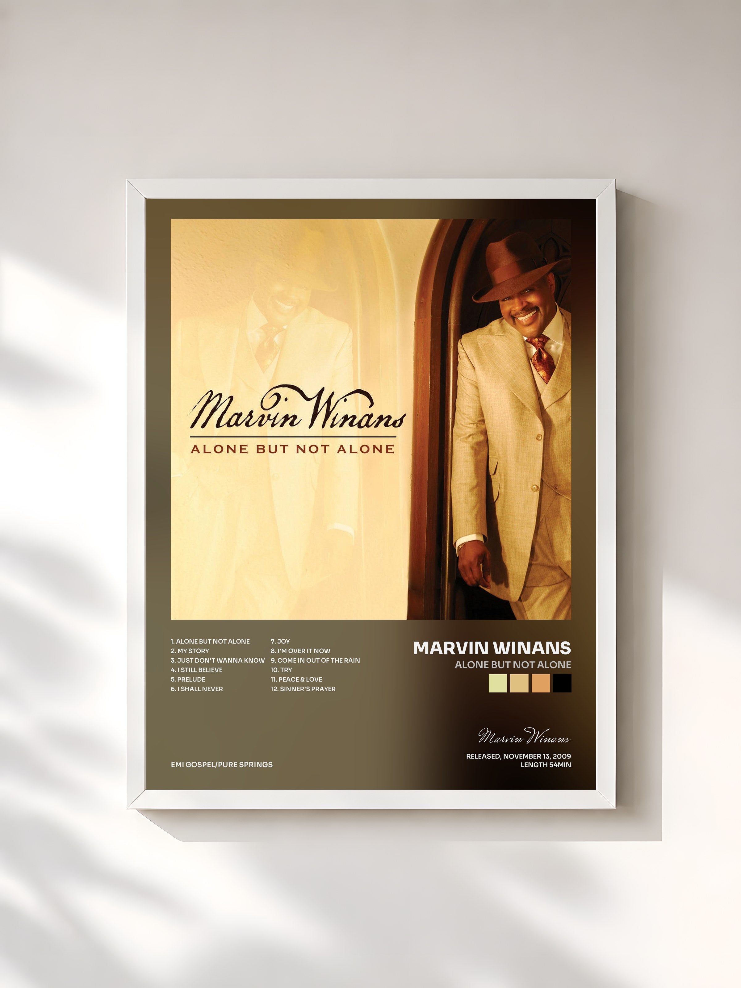#blanc Tableau de l'album Alone But Not Alone de Marvin Winans, cadre blanc, imprimé et encadré en France