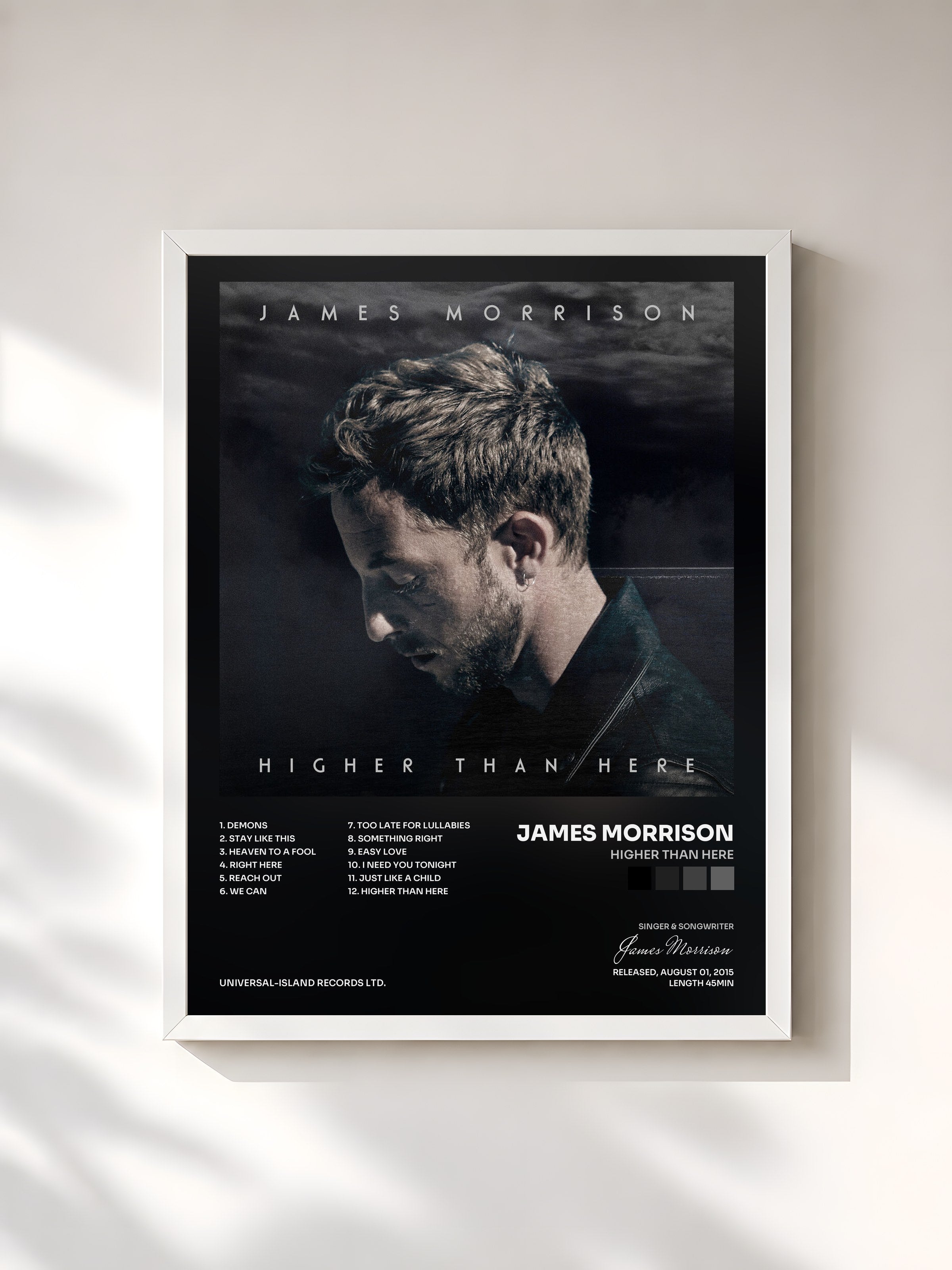 #blanc Tableau de l'album Higher Than Here de James Morrison, cadre blanc, imprimé et encadré en France