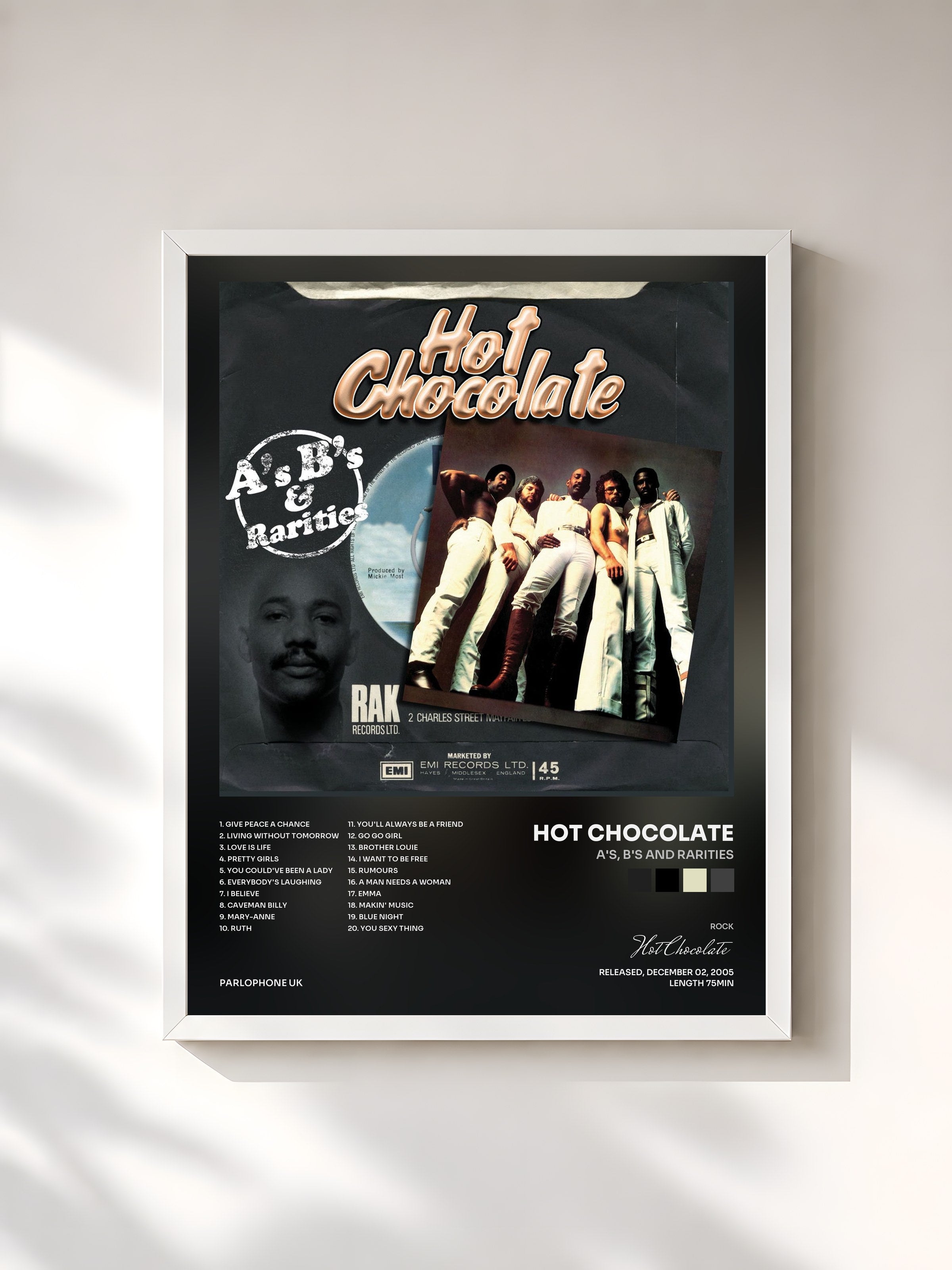 #blanc Tableau de l'album A's, B's and Rarities de Hot Chocolate, cadre blanc, imprimé et encadré en France