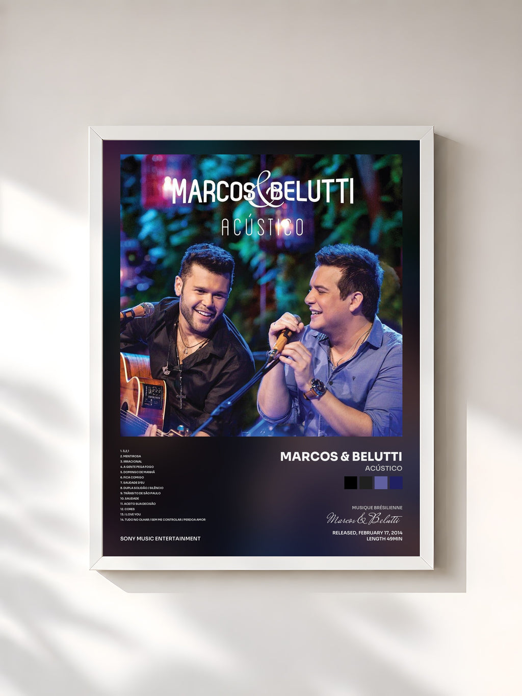 #blanc Tableau de l'album Acústico de Marcos & Belutti, cadre blanc, imprimé et encadré en France