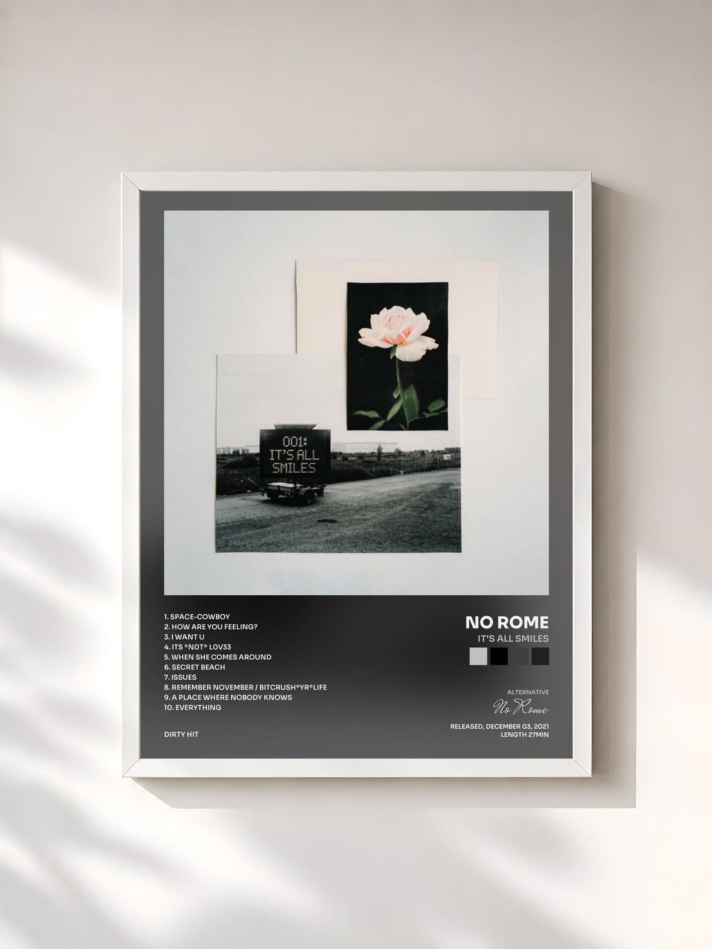 #blanc Tableau de l'album It's All Smiles de No Rome, cadre blanc, imprimé et encadré en France