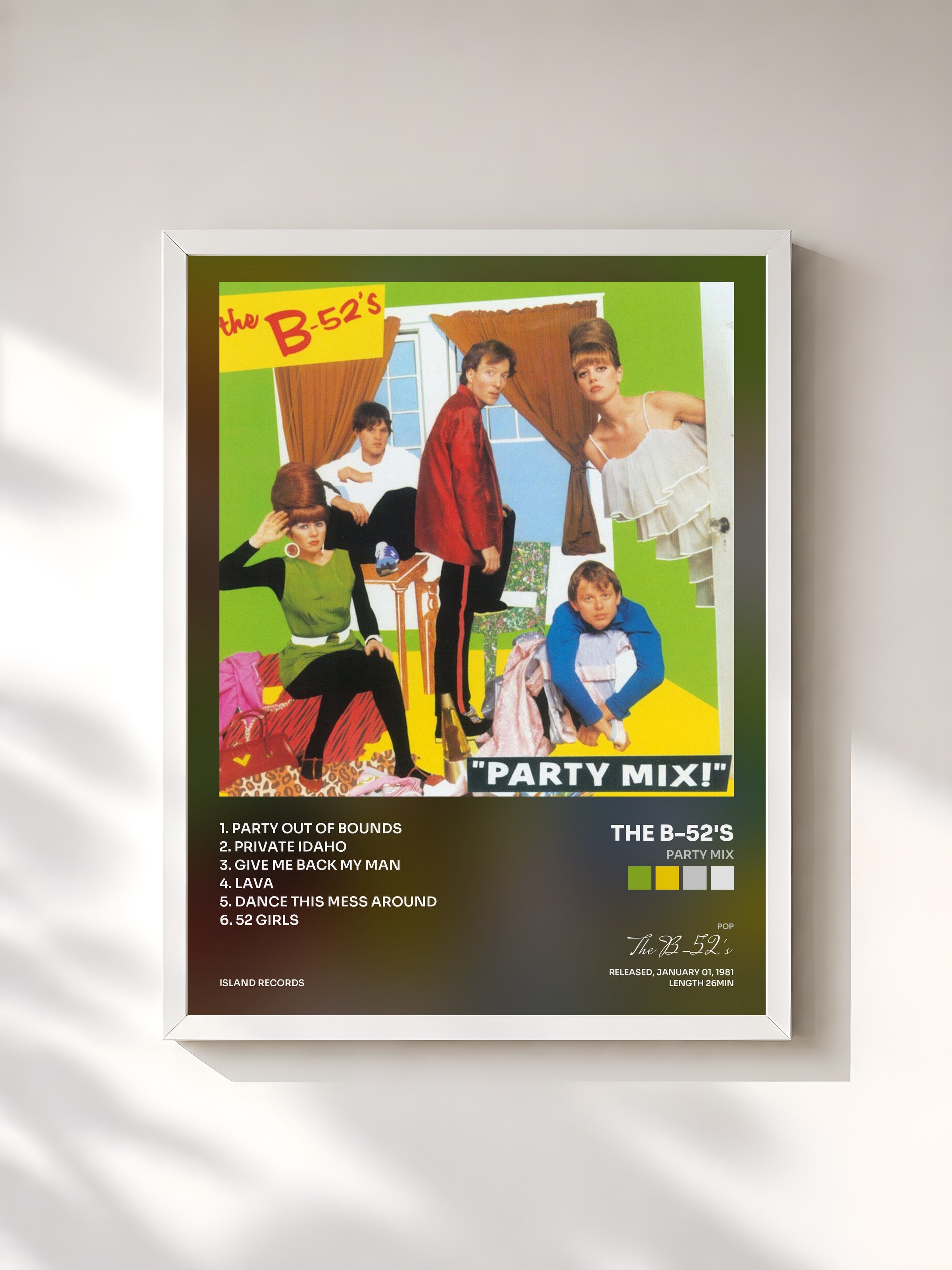 #blanc Tableau de l'album Party Mix de The B-52's, cadre blanc, imprimé et encadré en France