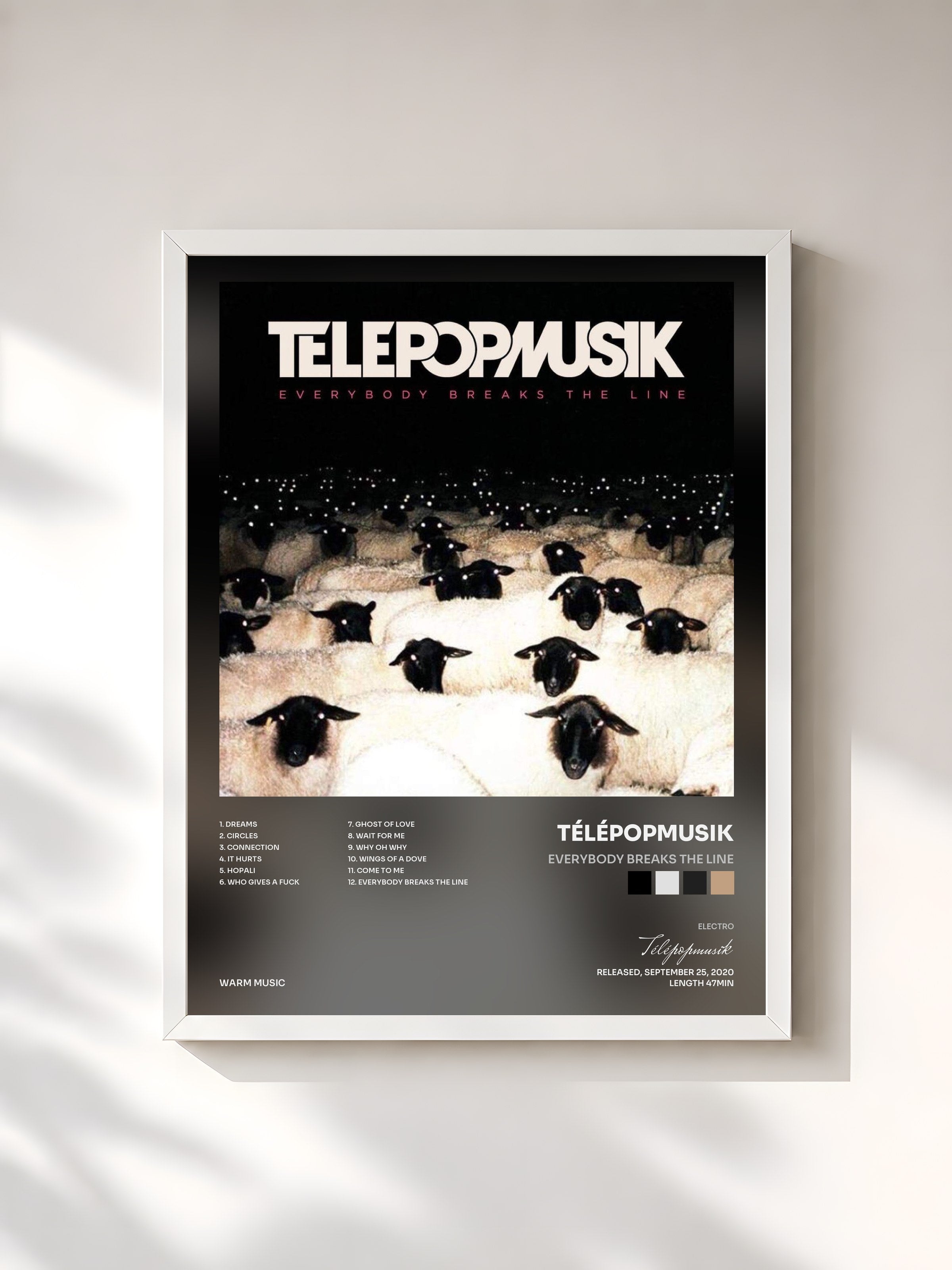#blanc Tableau de l'album Everybody Breaks the Line de Télépopmusik, cadre blanc, imprimé et encadré en France