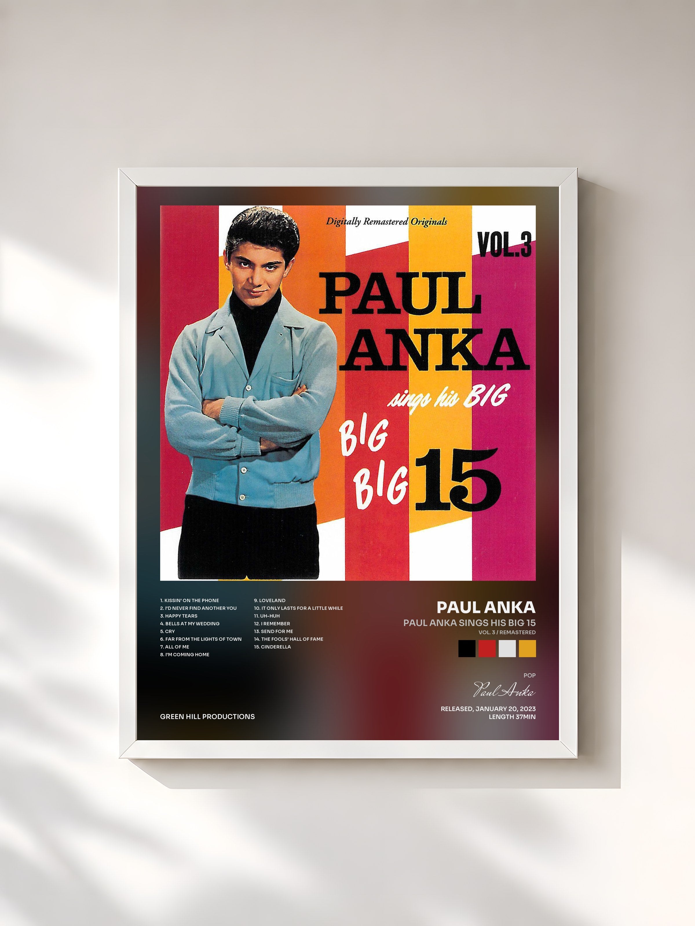 #blanc Tableau de l'album Paul Anka Sings His Big 15 (Vol. 3 / Remastered) de Paul Anka, cadre blanc, imprimé et encadré en France
