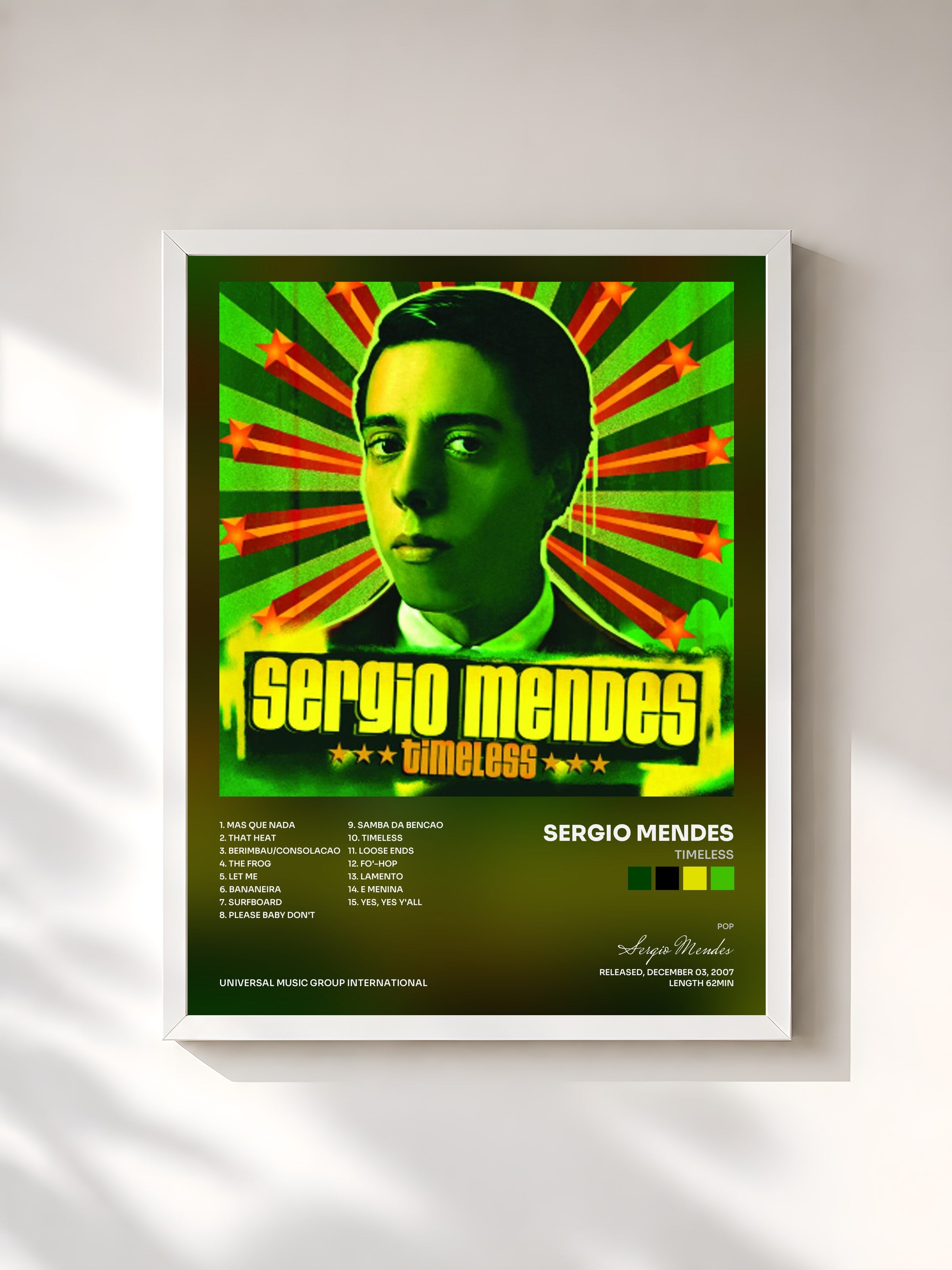 #blanc Tableau de l'album Timeless de Sergio Mendes, cadre blanc, imprimé et encadré en France