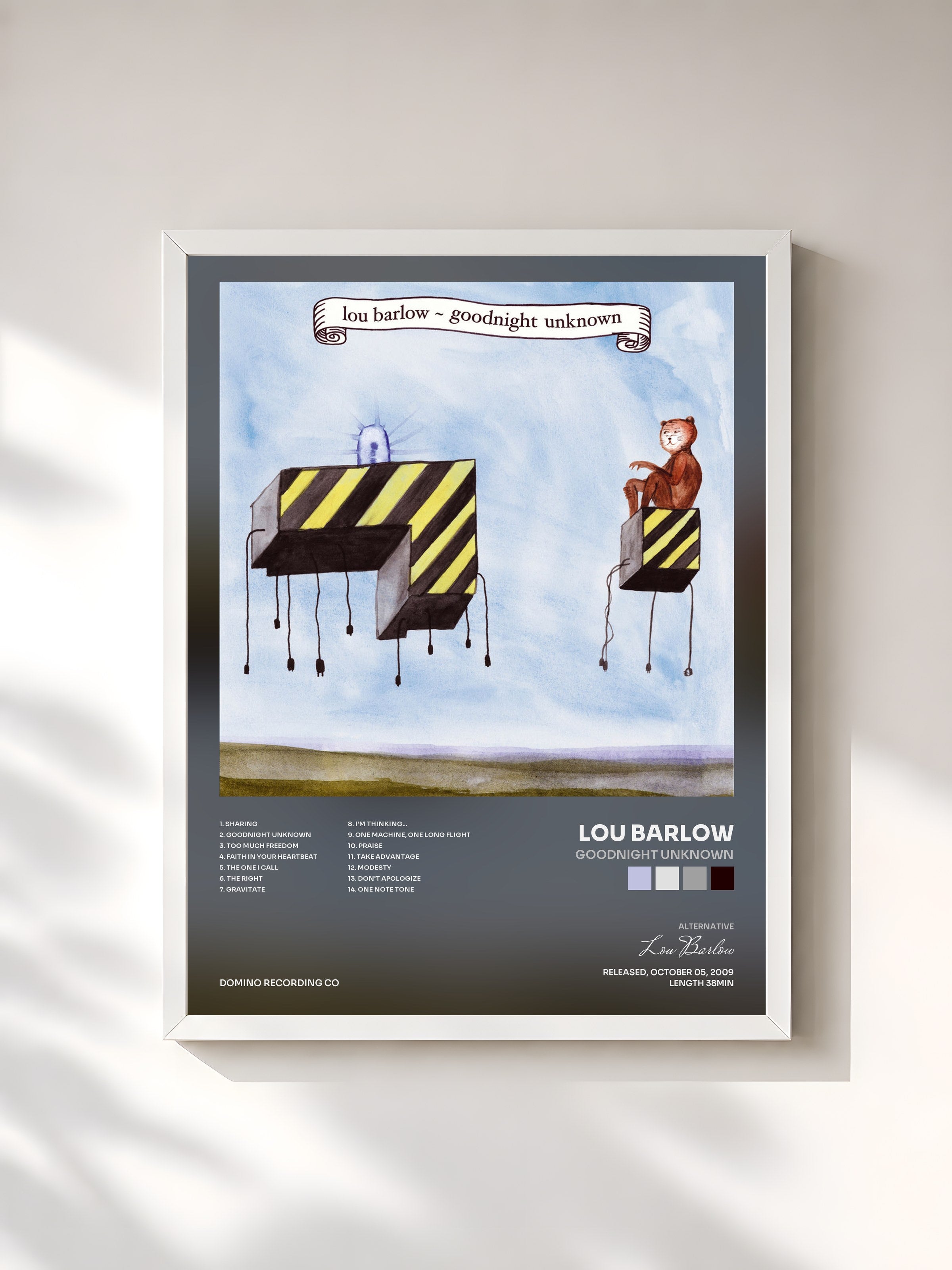 #blanc Tableau de l'album Goodnight Unknown de Lou Barlow, cadre blanc, imprimé et encadré en France