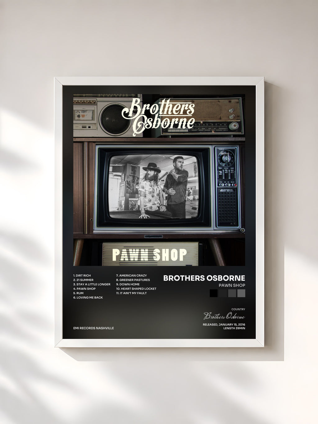 #blanc Tableau de l'album Pawn Shop de Brothers Osborne, cadre blanc, imprimé et encadré en France