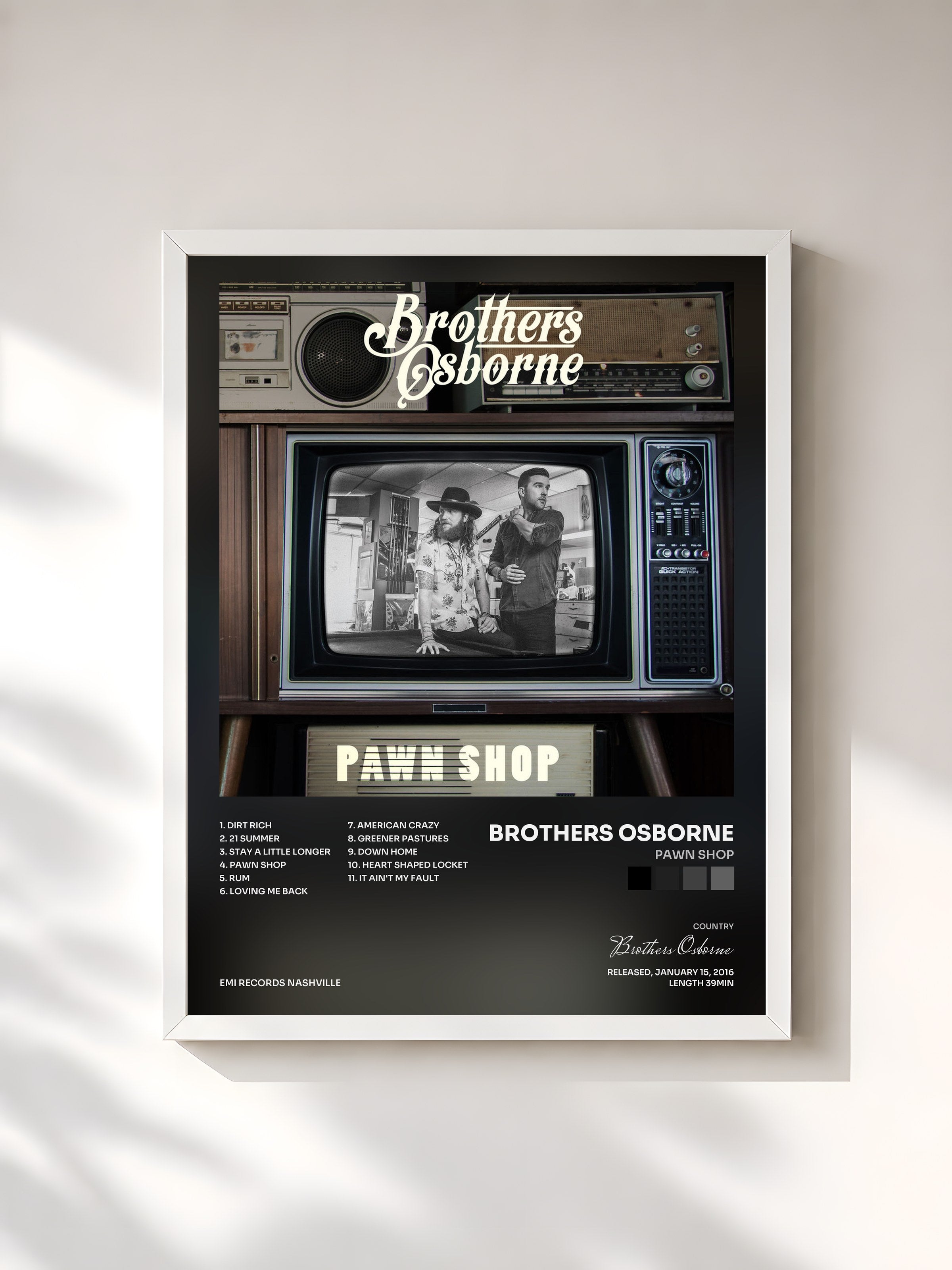 #blanc Tableau de l'album Pawn Shop de Brothers Osborne, cadre blanc, imprimé et encadré en France