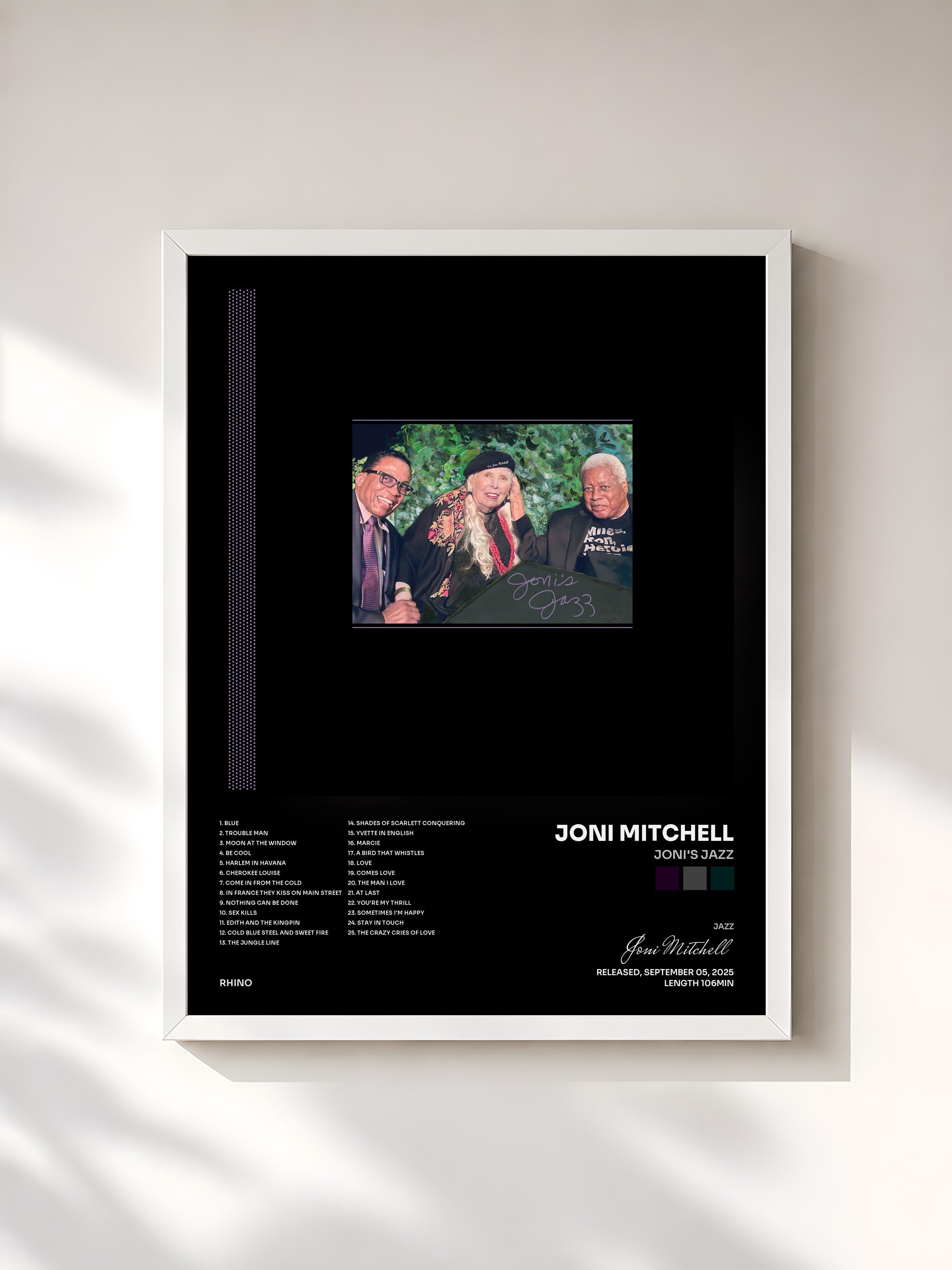 #blanc Tableau de l'album Joni's Jazz de Joni Mitchell, cadre blanc, imprimé et encadré en France
