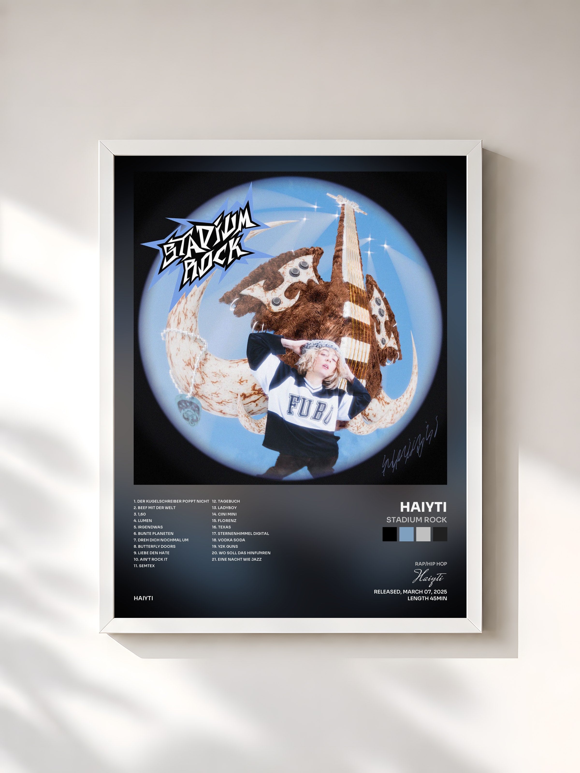 #blanc Tableau de l'album Stadium Rock de Haiyti, cadre blanc, imprimé et encadré en France