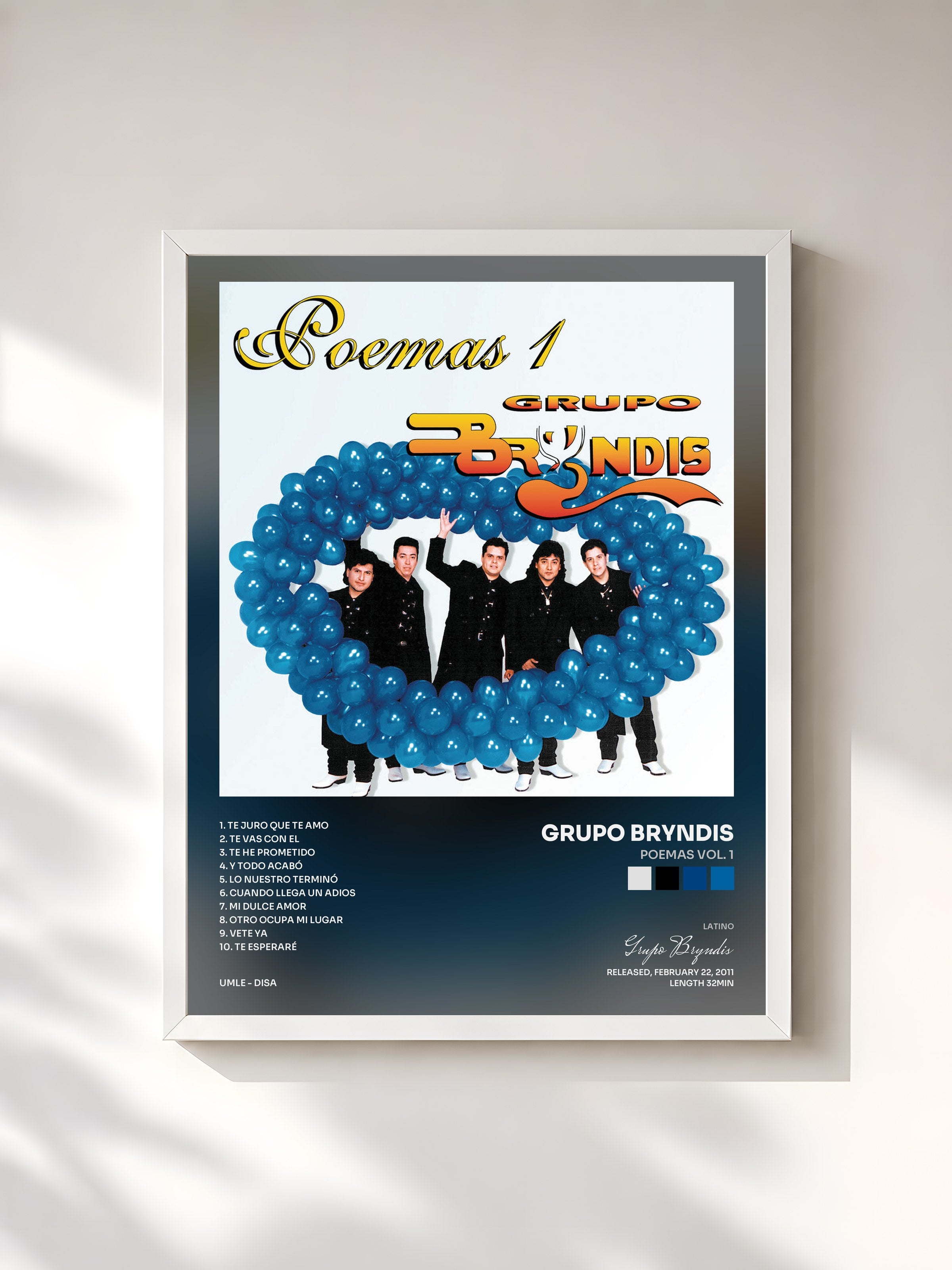 #blanc Tableau de l'album Poemas Vol. 1 de Grupo Bryndis, cadre blanc, imprimé et encadré en France