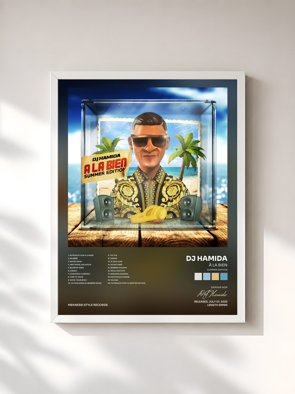 #blanc Tableau de l'album À la bien (Summer edition) de DJ Hamida, cadre blanc, imprimé et encadré en France