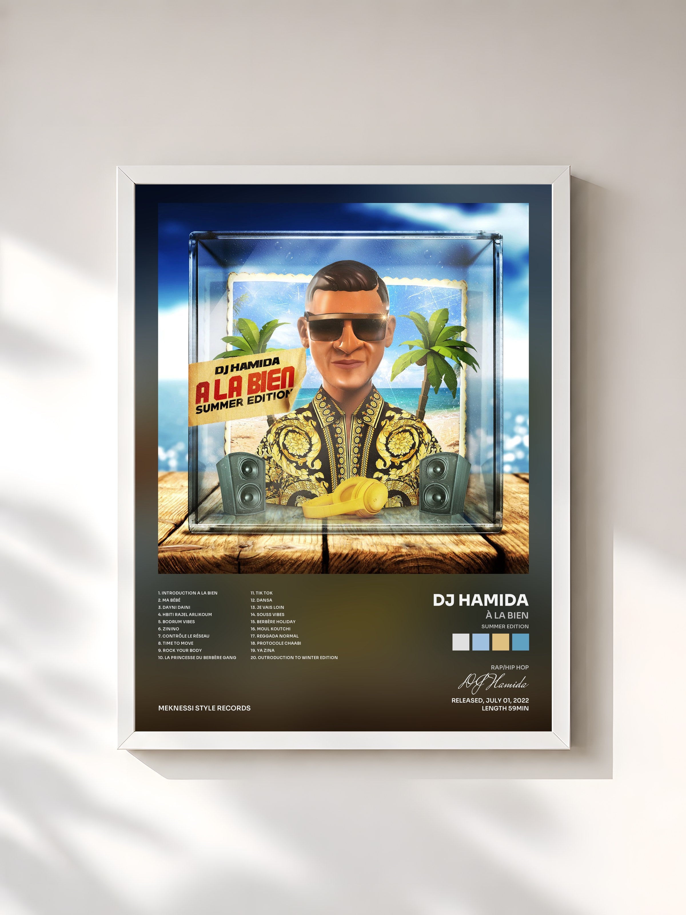 #blanc Tableau de l'album À la bien (Summer edition) de DJ Hamida, cadre blanc, imprimé et encadré en France