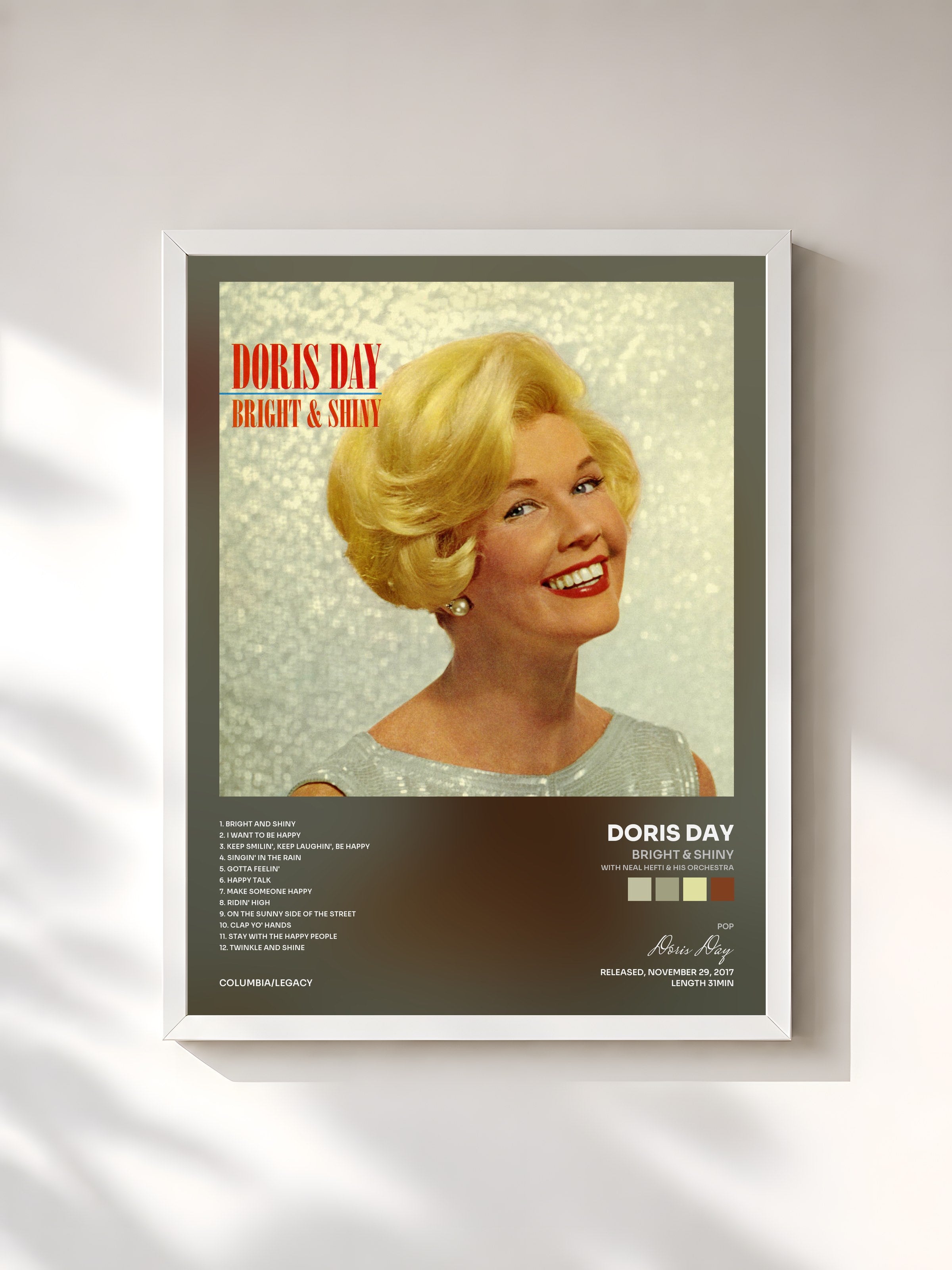 #blanc Tableau de l'album Bright & Shiny (with Neal Hefti & His Orchestra) de Doris Day, cadre blanc, imprimé et encadré en France