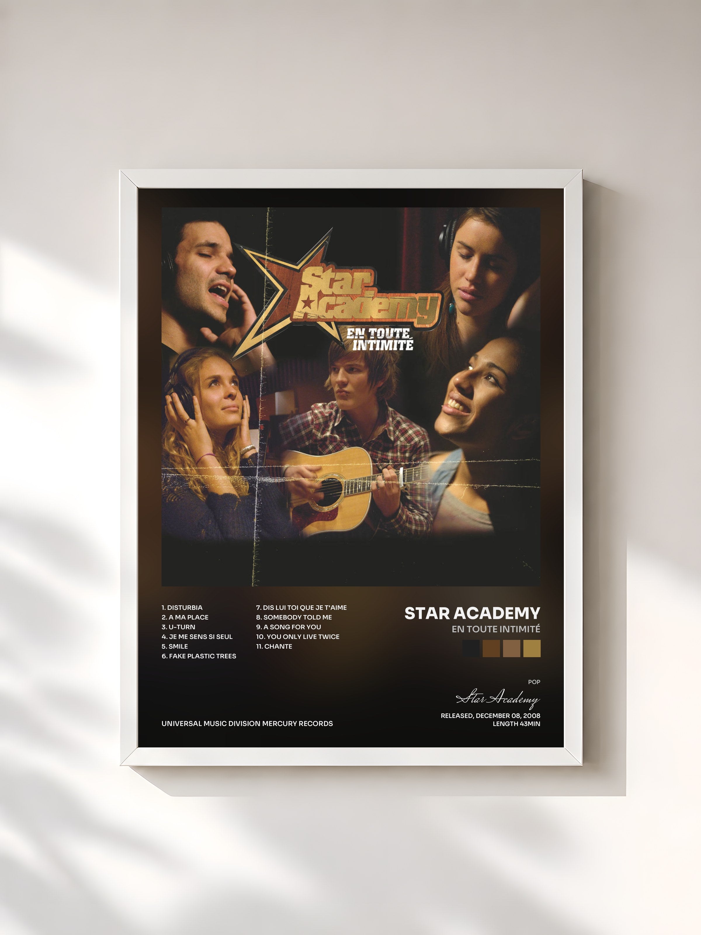 #blanc Tableau de l'album En Toute Intimité de Star Academy, cadre blanc, imprimé et encadré en France