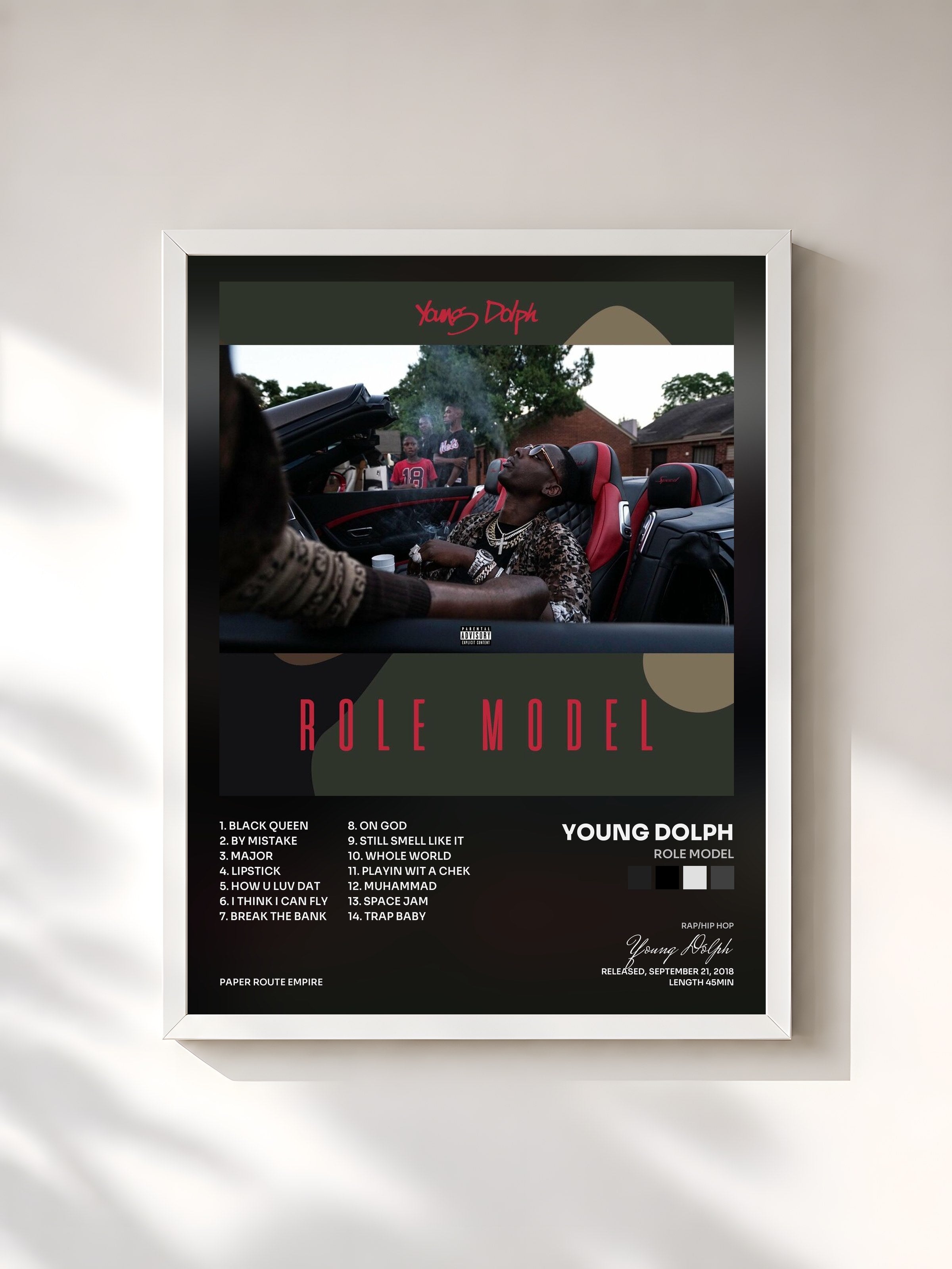 #blanc Tableau de l'album Role Model de Young Dolph, cadre blanc, imprimé et encadré en France