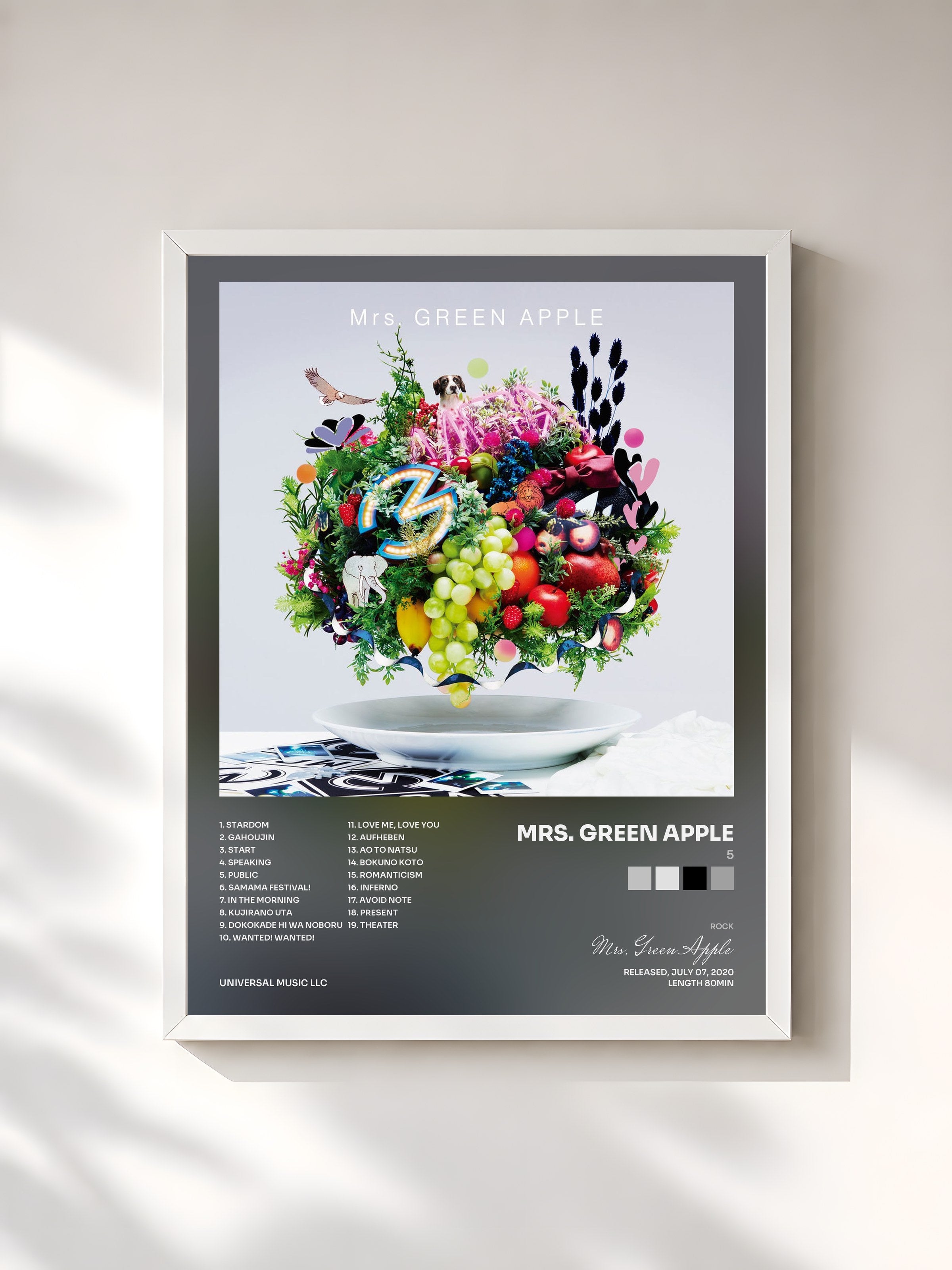 #blanc Tableau de l'album 5 de Mrs. Green Apple, cadre blanc, imprimé et encadré en France
