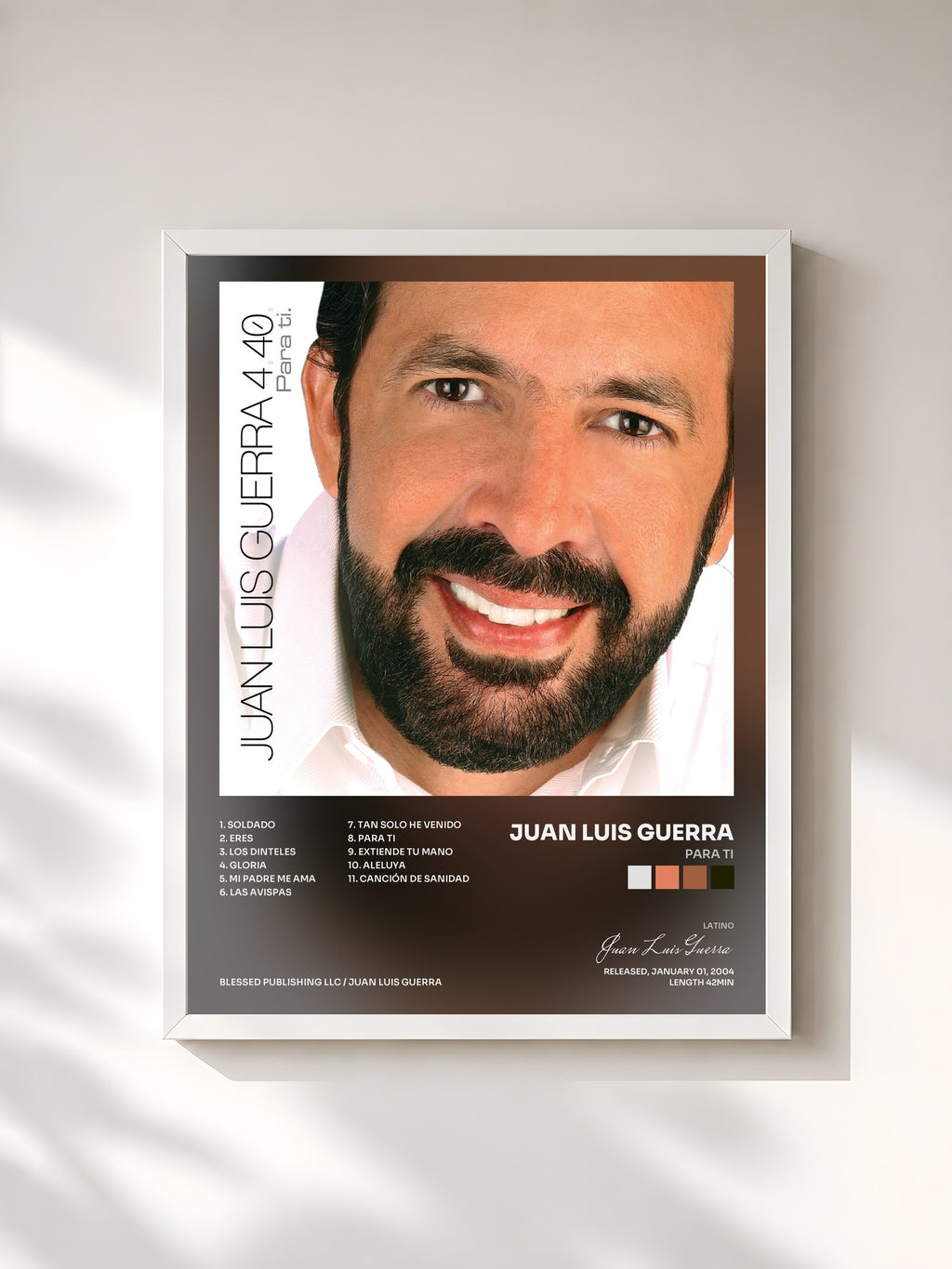 #blanc Tableau de l'album Para Ti de Juan Luis Guerra, cadre blanc, imprimé et encadré en France