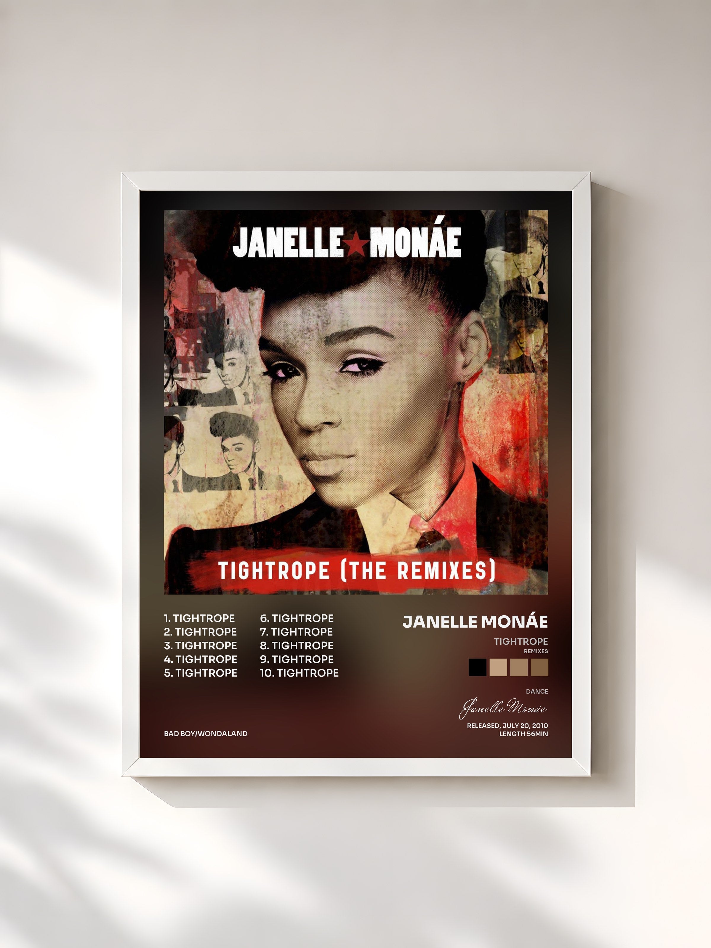 #blanc Tableau de l'album Tightrope (Remixes) de Janelle Monáe, cadre blanc, imprimé et encadré en France