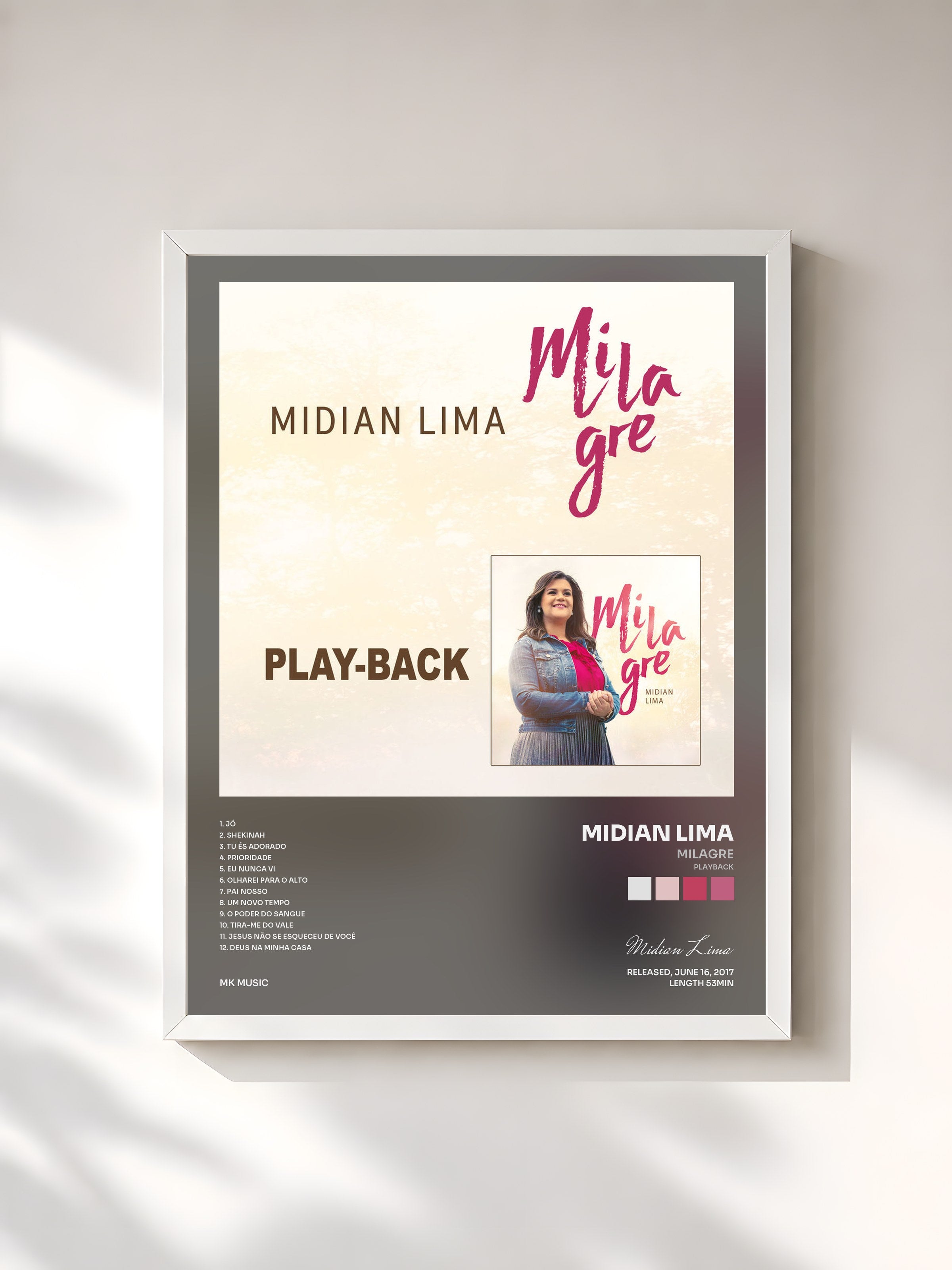 #blanc Tableau de l'album Milagre (Playback) de Midian Lima, cadre blanc, imprimé et encadré en France