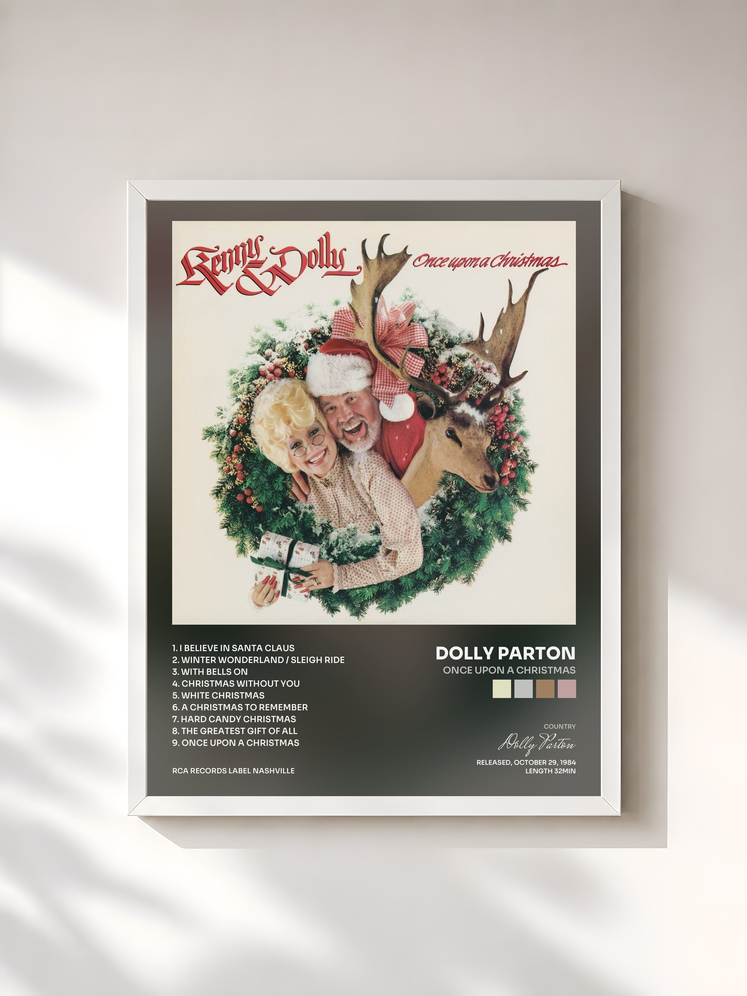 #blanc Tableau de l'album Once Upon A Christmas de Dolly Parton, cadre blanc, imprimé et encadré en France
