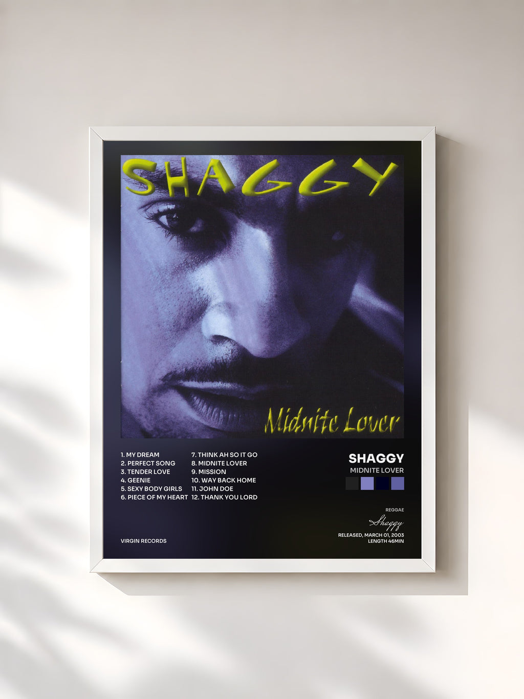 #blanc Tableau de l'album Midnite Lover de Shaggy, cadre blanc, imprimé et encadré en France