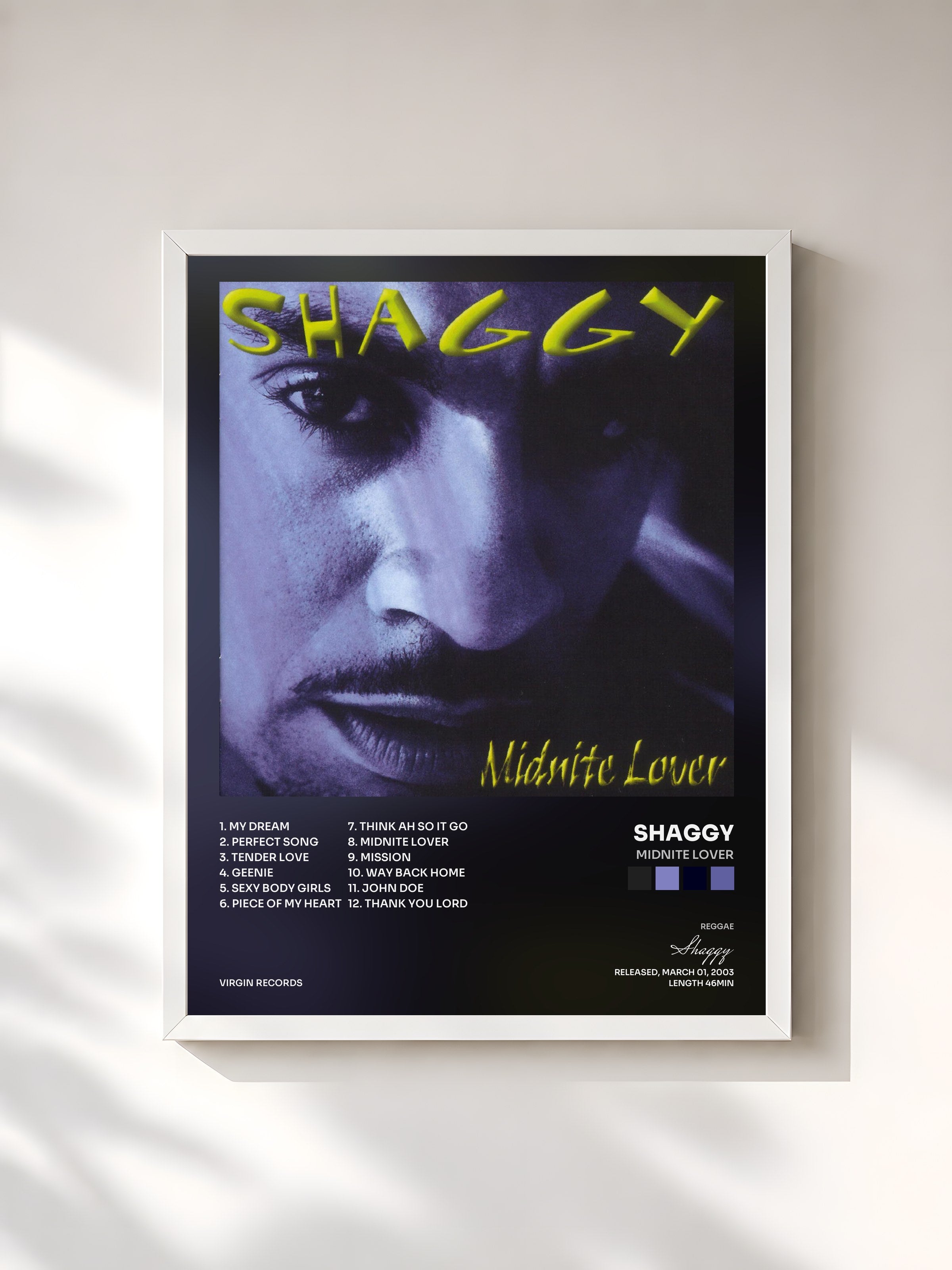 #blanc Tableau de l'album Midnite Lover de Shaggy, cadre blanc, imprimé et encadré en France