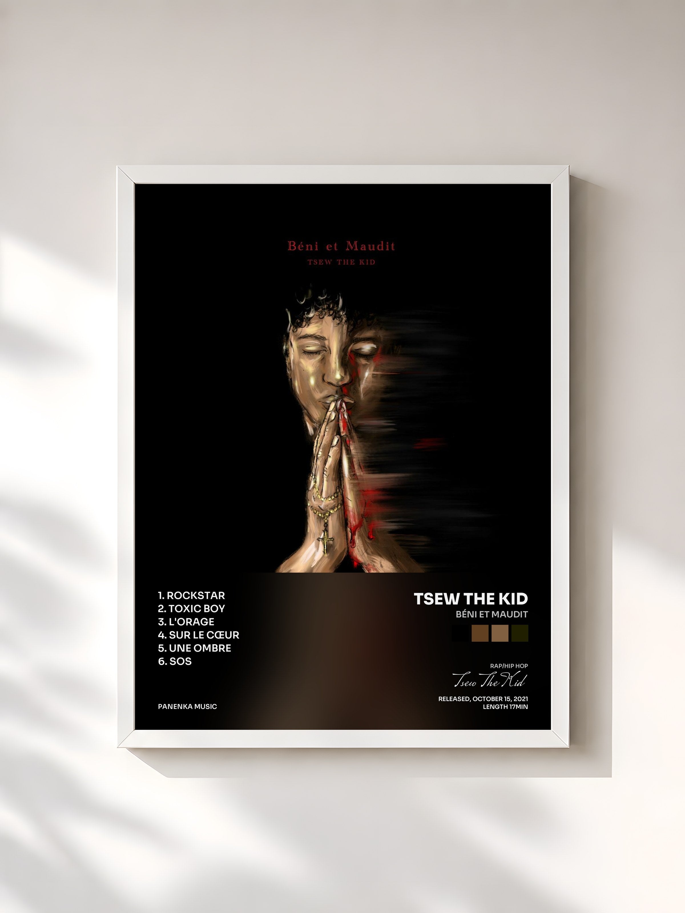 #blanc Tableau de l'album Béni et maudit de Tsew The Kid, cadre blanc, imprimé et encadré en France
