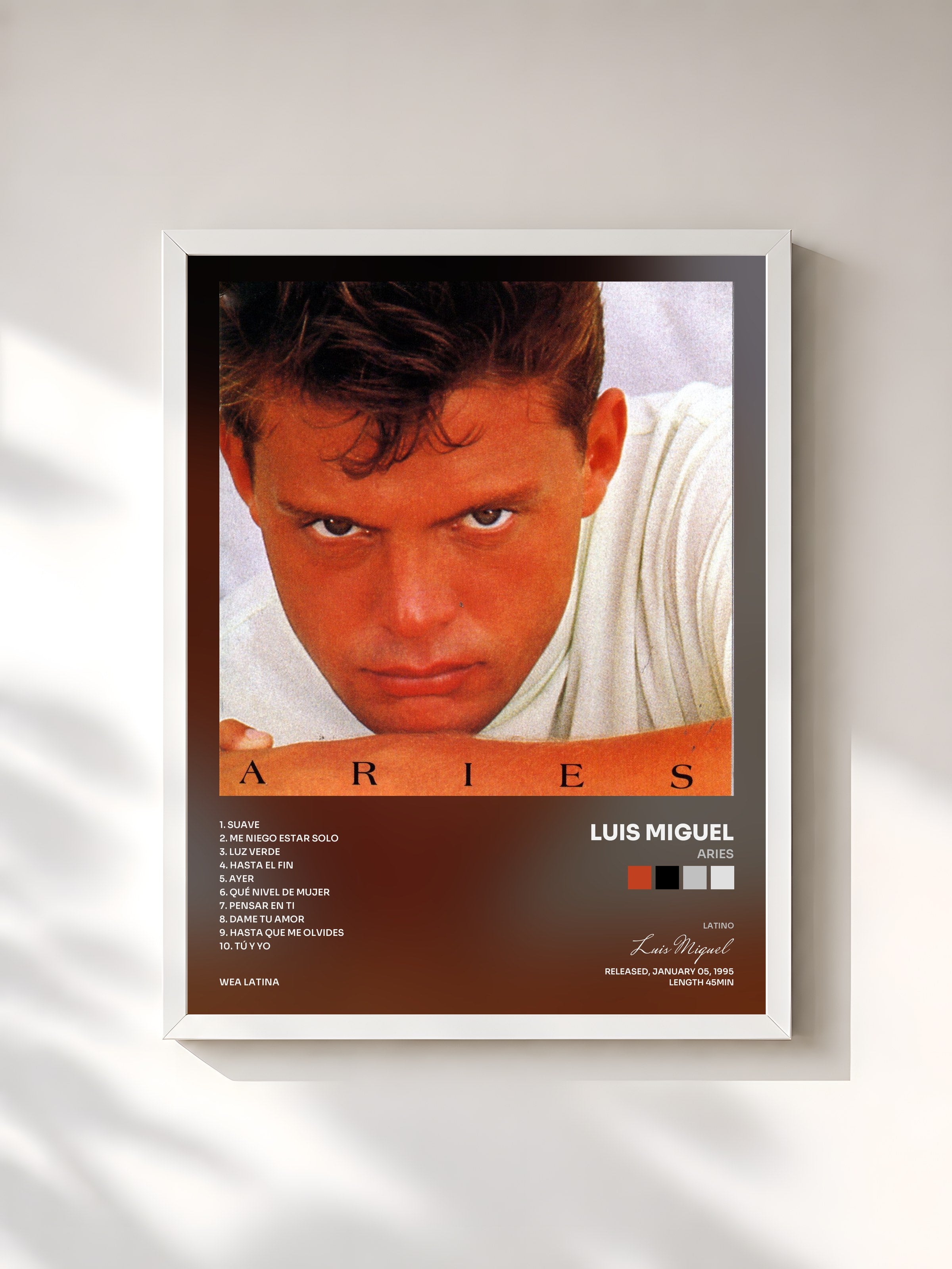 #blanc Tableau de l'album Aries de Luis Miguel, cadre blanc, imprimé et encadré en France