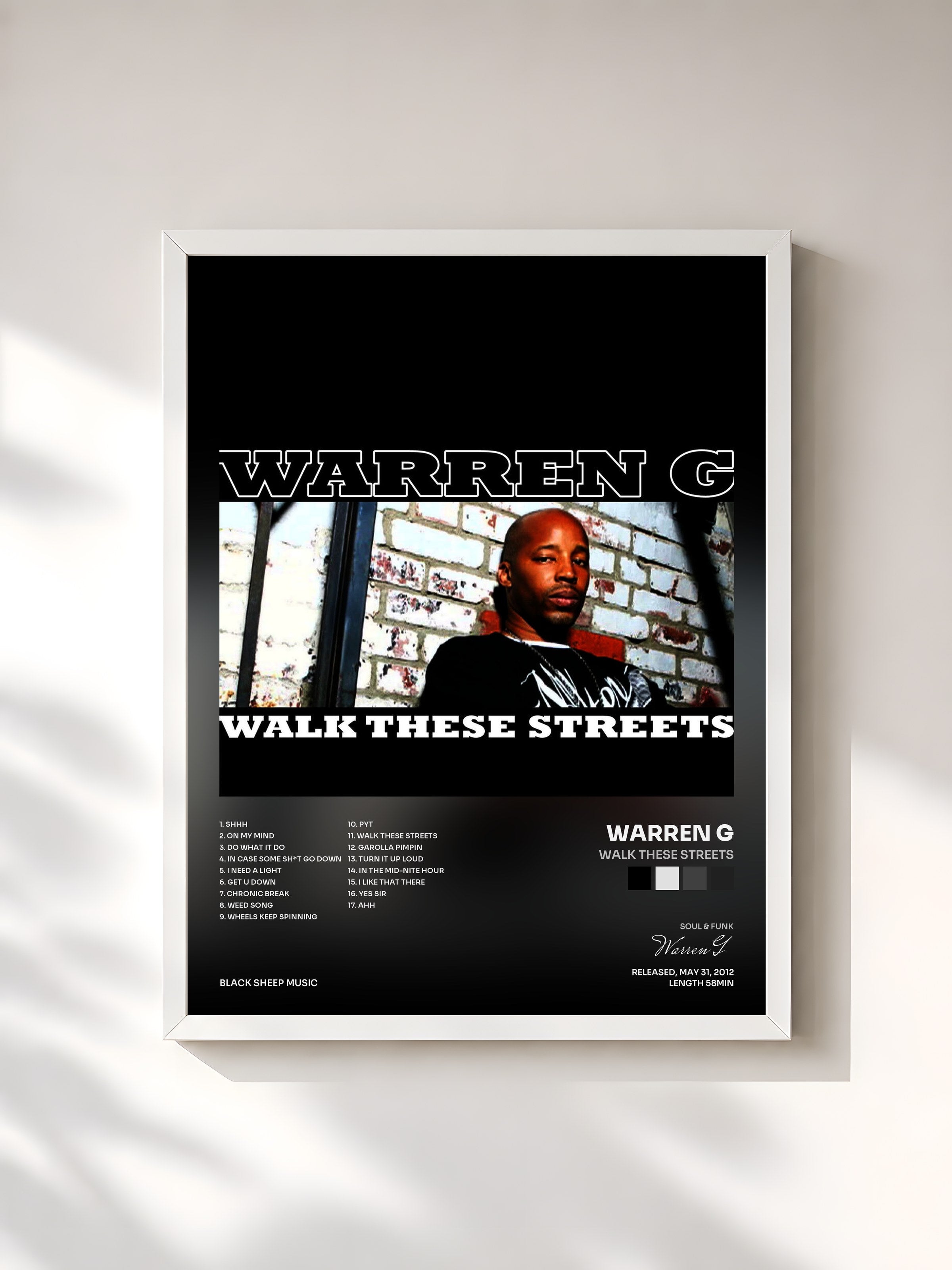 #blanc Tableau de l'album Walk These Streets de Warren G, cadre blanc, imprimé et encadré en France
