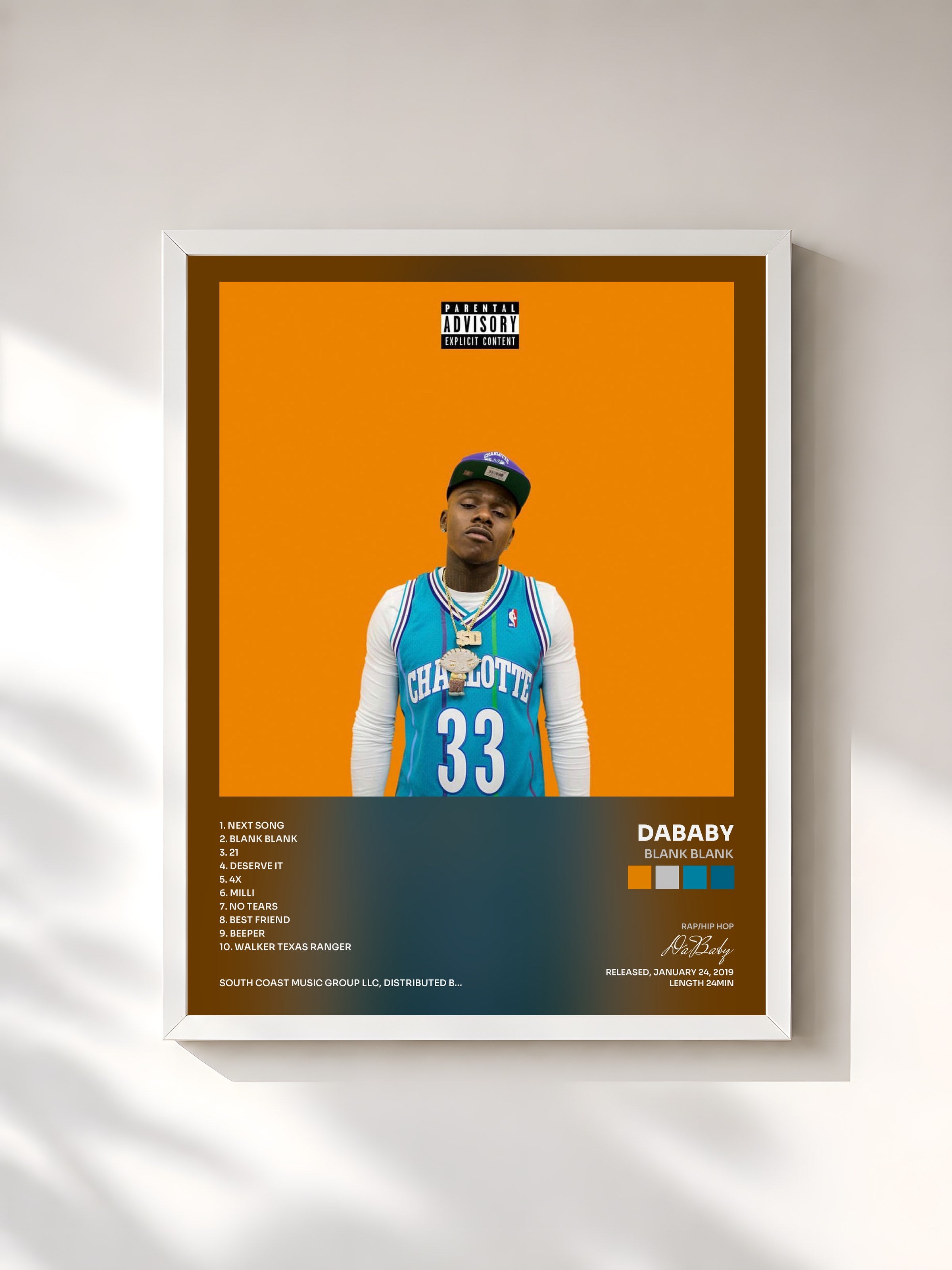 #blanc Tableau de l'album Blank Blank de DaBaby, cadre blanc, imprimé et encadré en France