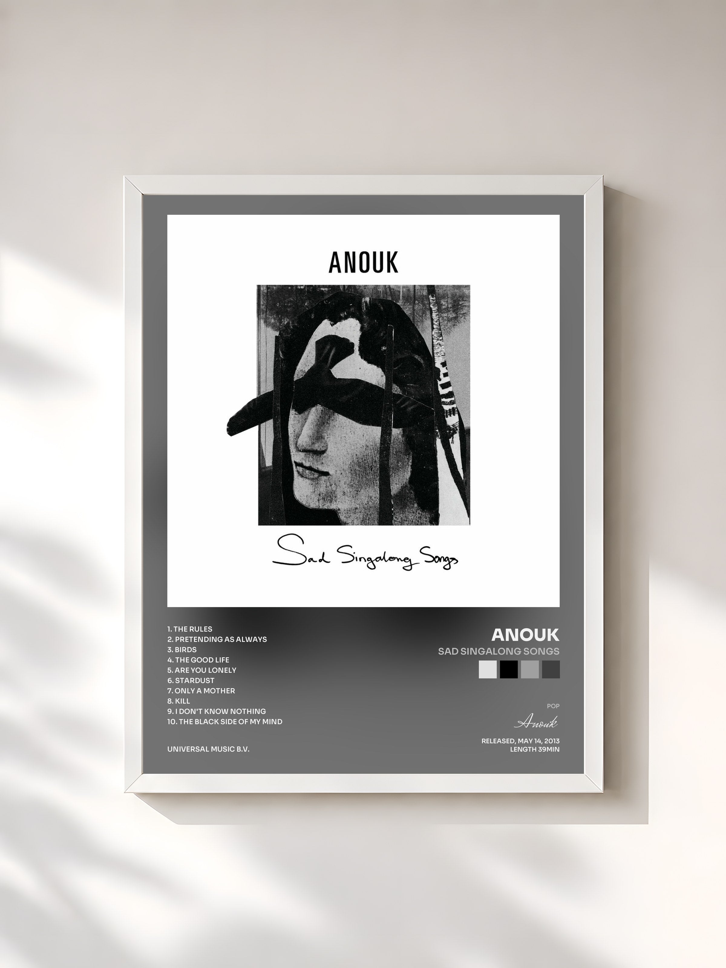 #blanc Tableau de l'album Sad Singalong Songs de Anouk, cadre blanc, imprimé et encadré en France