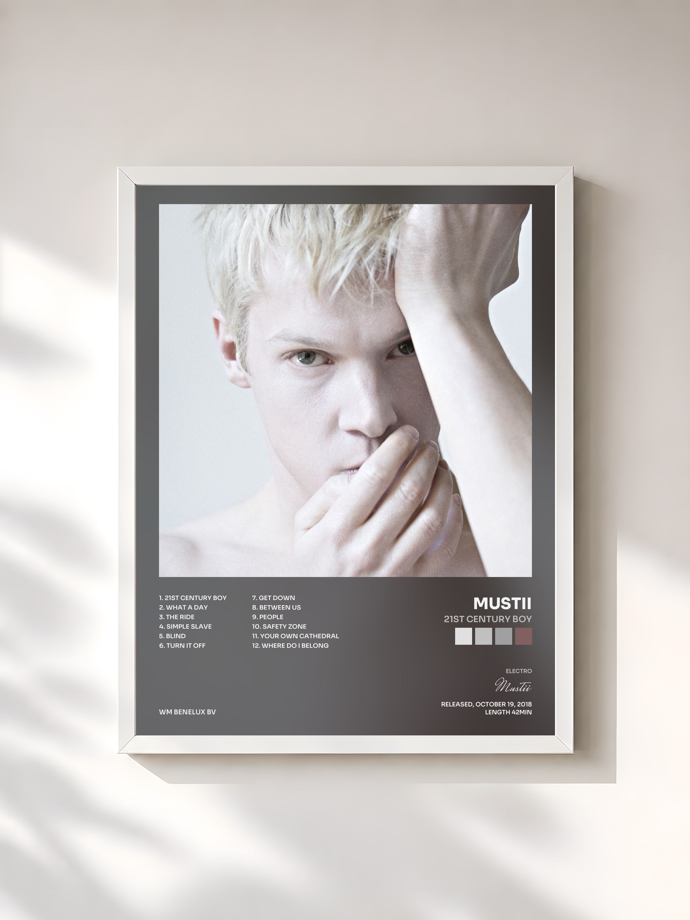 #blanc Tableau de l'album 21st Century Boy de Mustii, cadre blanc, imprimé et encadré en France
